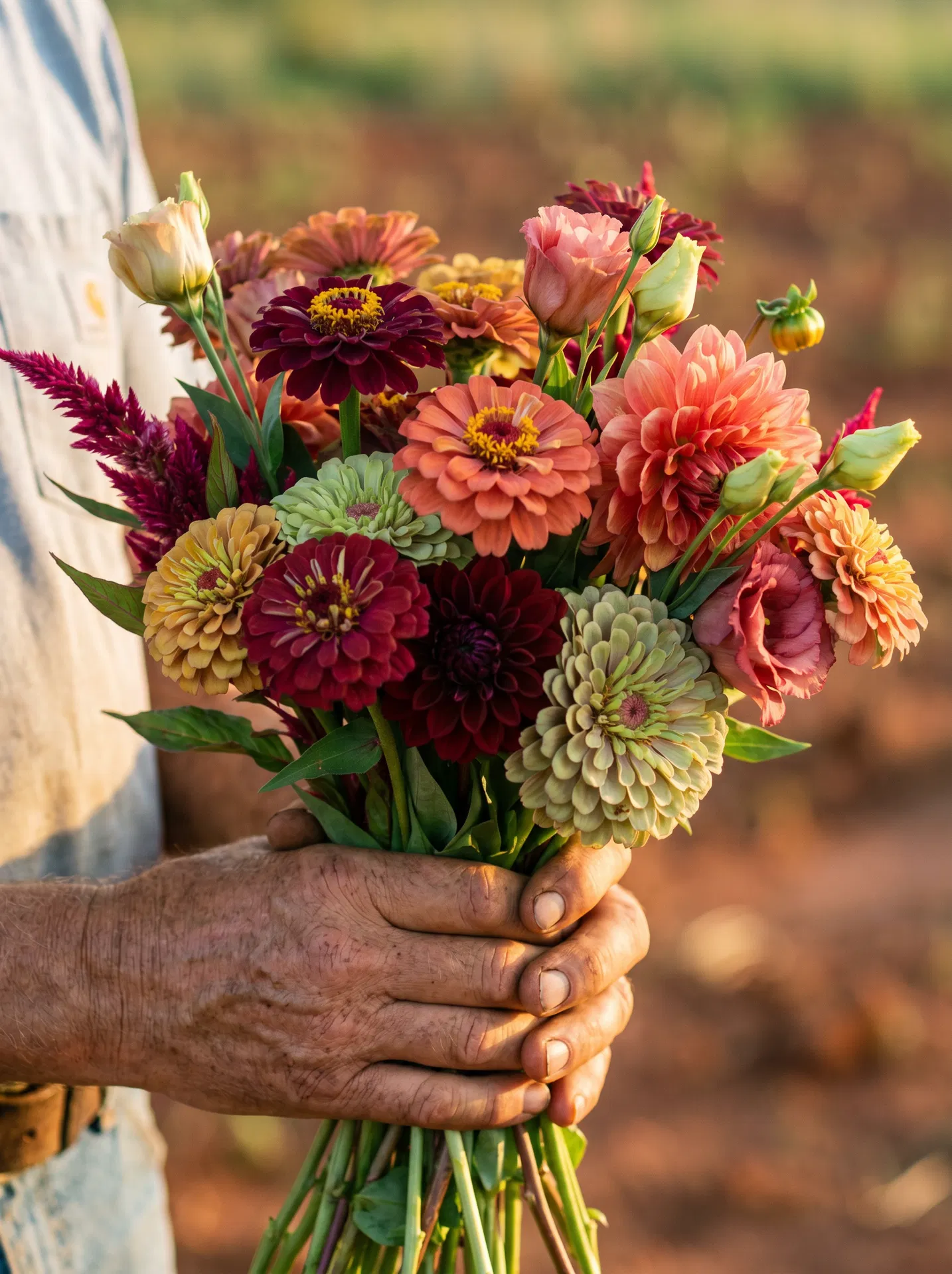 Bouquet of locally grown, organic flowers including zinnias and tulips, held in hands with visible dirt, set against an Oklahoma farm background.