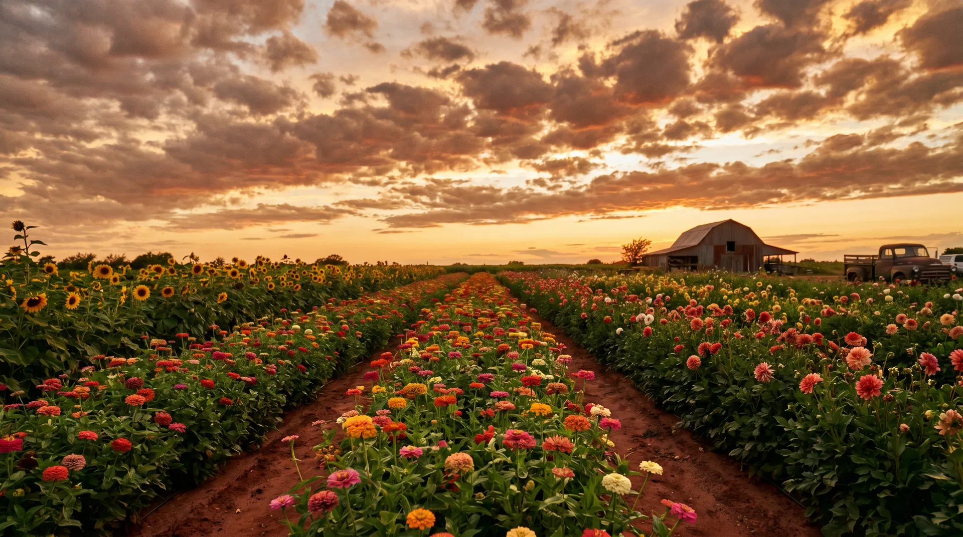 Vibrant flower fields at sunset showcasing sunflowers and zinnias, with a rustic barn and vintage truck in the background, representing Red Dirt Blooms' organic flower farm in Oklahoma.