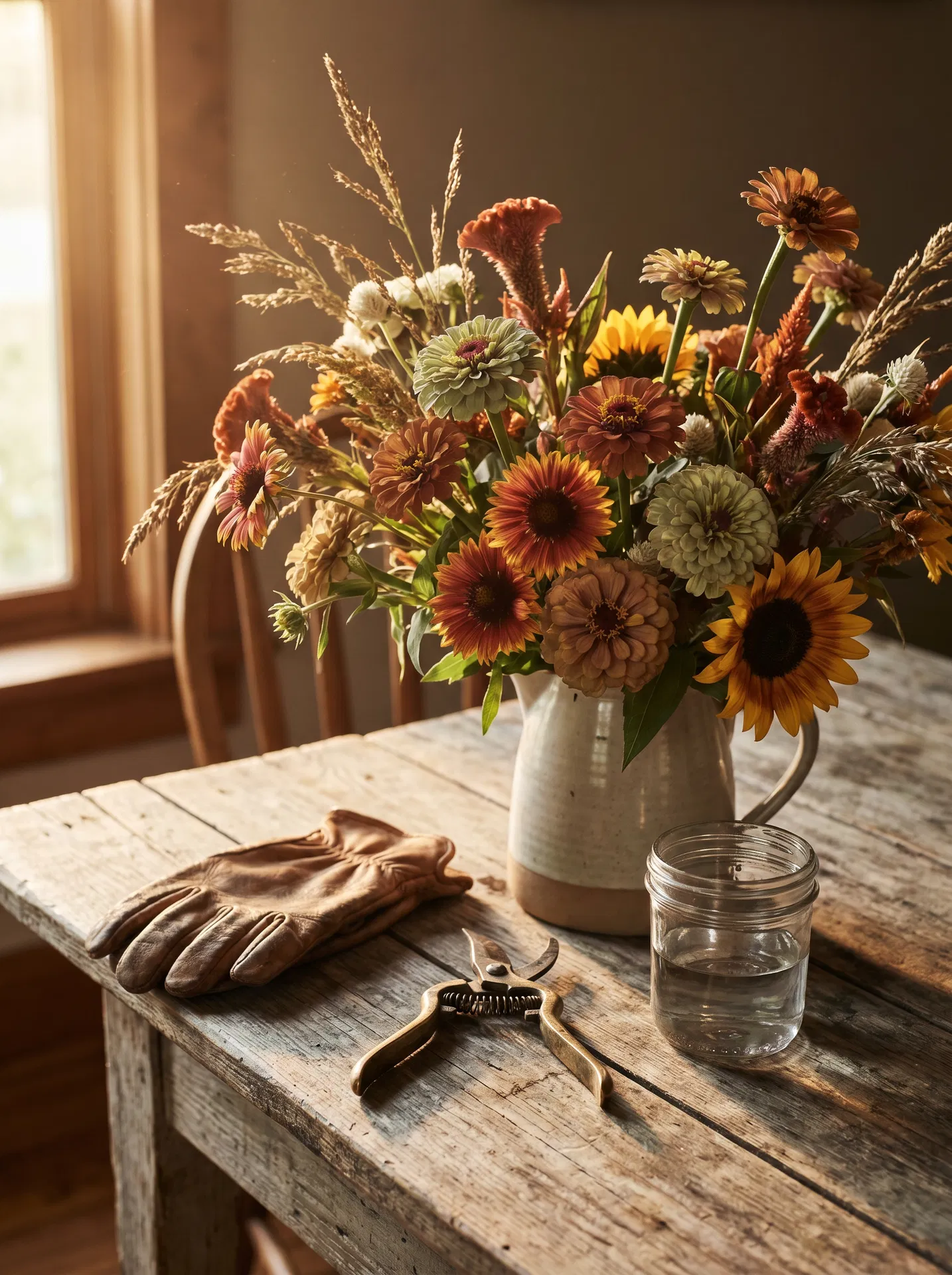 Bouquet of Indian Blanket and Zinnia flowers in a ceramic pitcher on a rustic wooden table, alongside gardening gloves and pruning shears, capturing the essence of organic farming and prairie chic aesthetics.