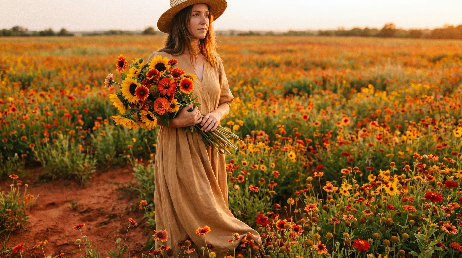 Woman in a straw hat holding a vibrant bouquet of Indian Blanket and Zinnia flowers, standing in a field of wildflowers during golden hour, showcasing Oklahoma's organic floral beauty.