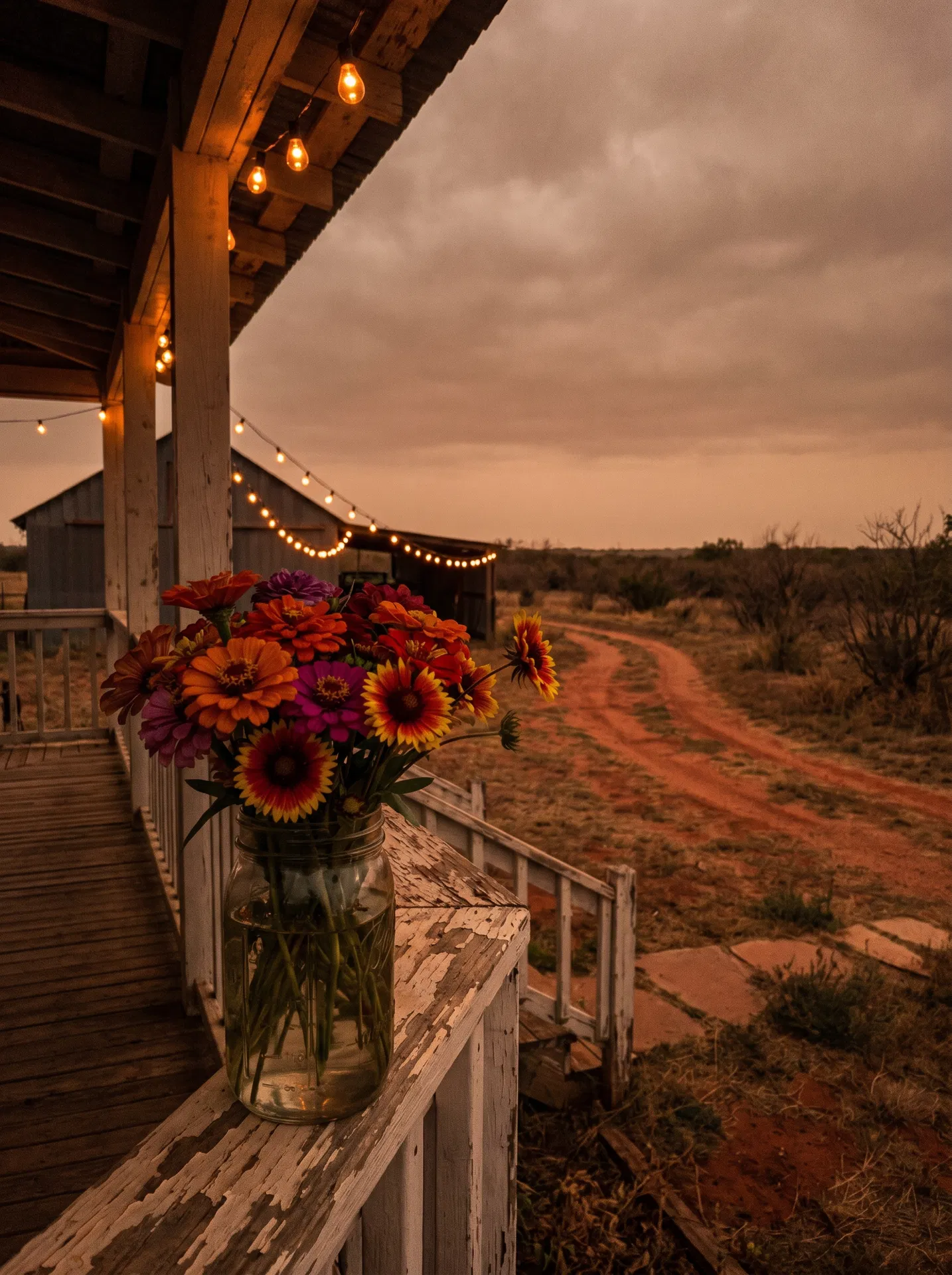 Vase of vibrant Indian Blanket and Zinnia flowers on a rustic porch railing, with warm string lights and a dusky Oklahoma landscape in the background, embodying the Prairie Chic aesthetic of Red Dirt Blooms.