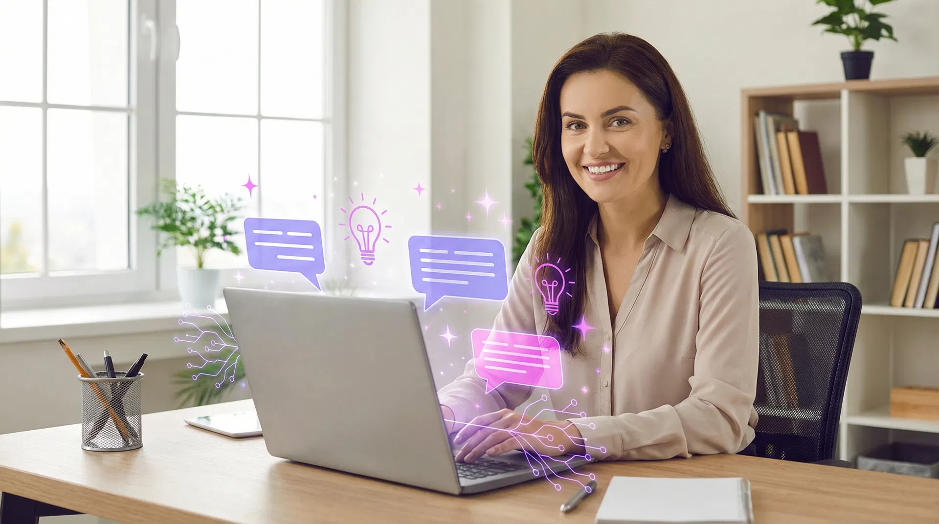 KI für Anfänger Workshop – Frau am Laptop mit KI-Elementen