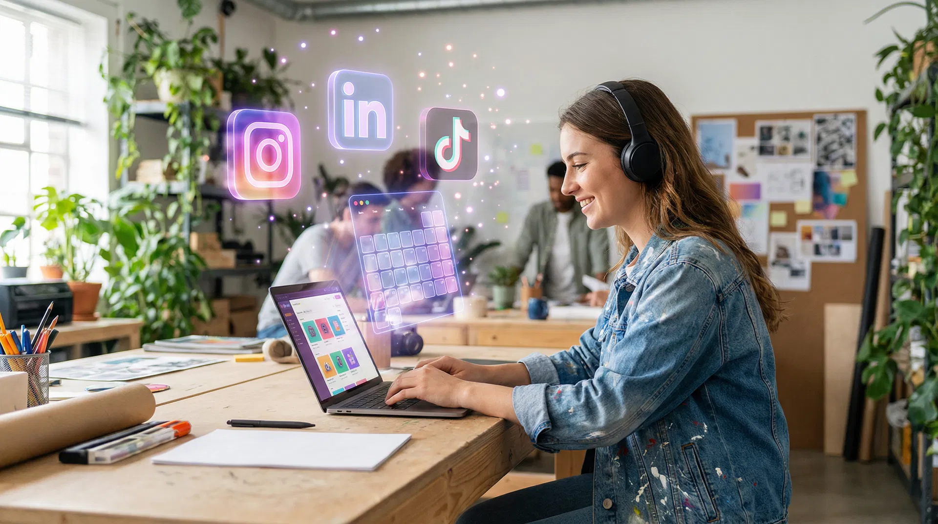 KI Content für Social Media Workshop – Frau am Laptop mit Social-Media-Icons