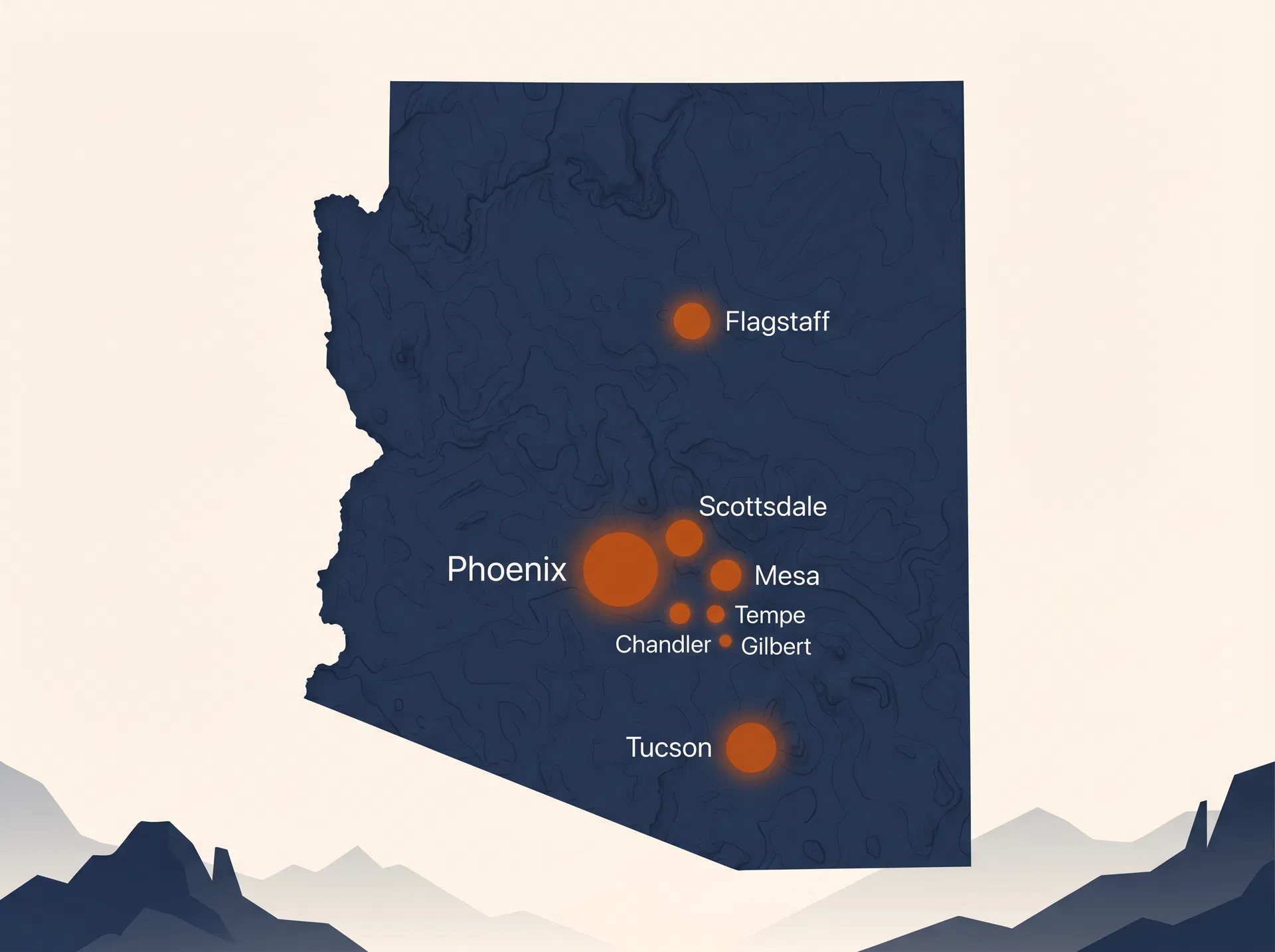 Map of Arizona showing AZ Solar Relief service areas including Phoenix, Tucson, Scottsdale, Mesa, Chandler, Flagstaff, Tempe, and Gilbert