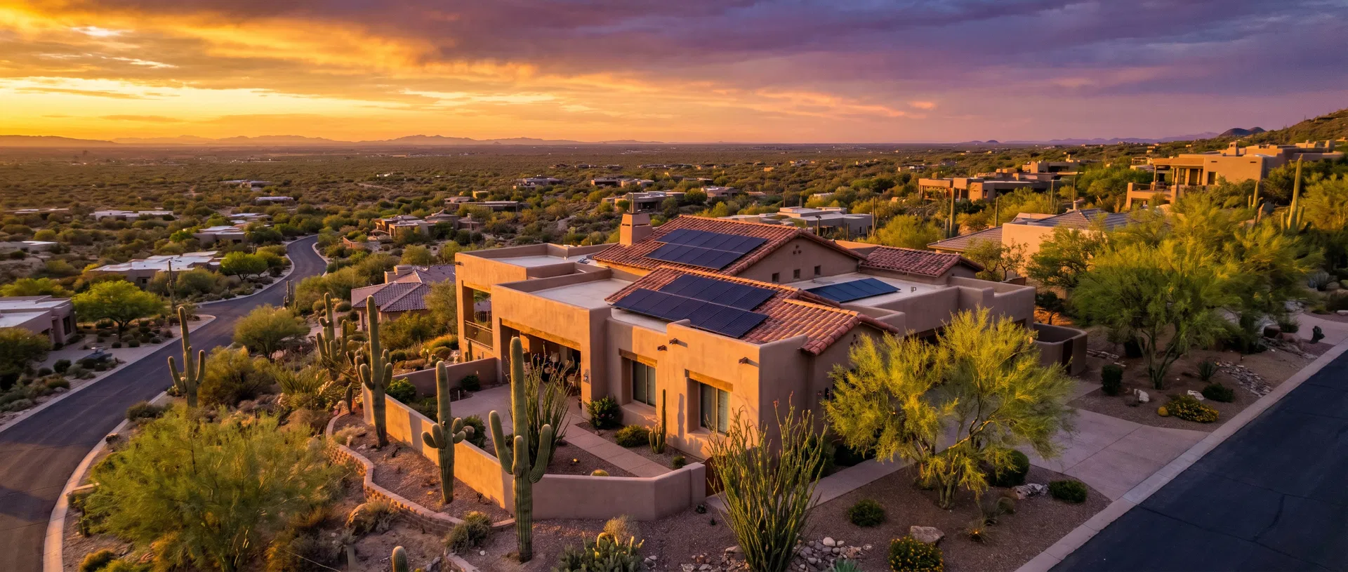 Arizona home with solar panels at sunset
