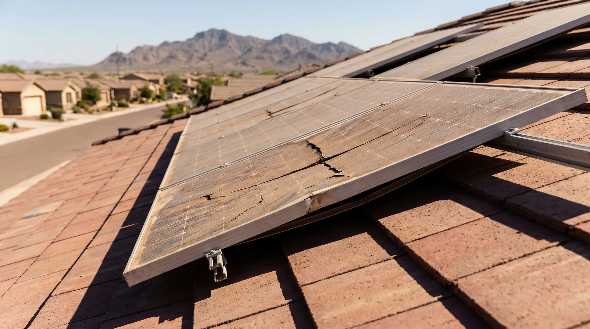 Damaged solar panels on Arizona rooftop showing heat damage
