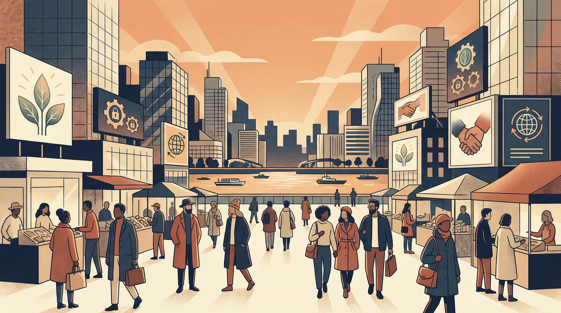 A diverse city marketplace with ethical marketing billboards