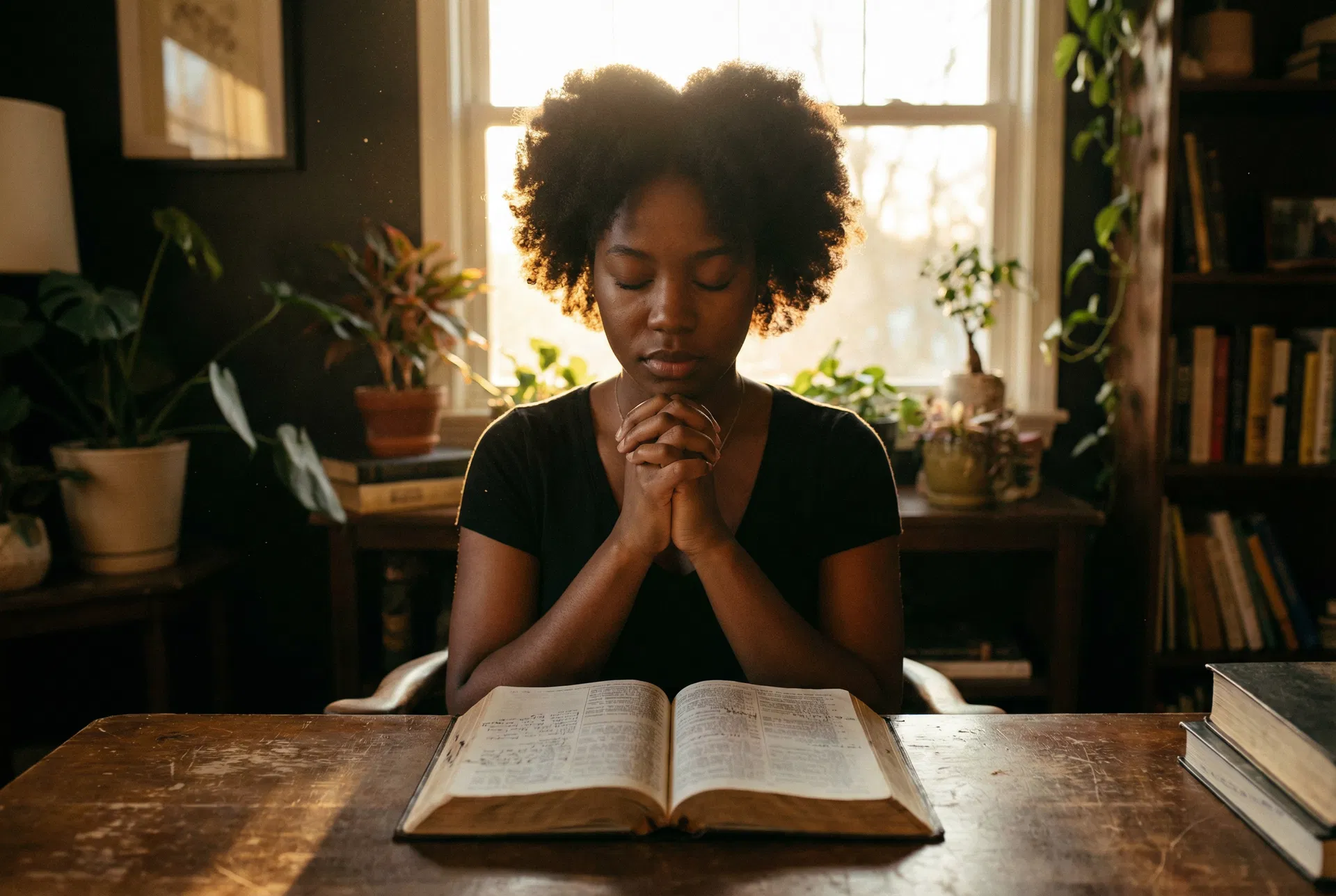 Woman in prayer with open Bible