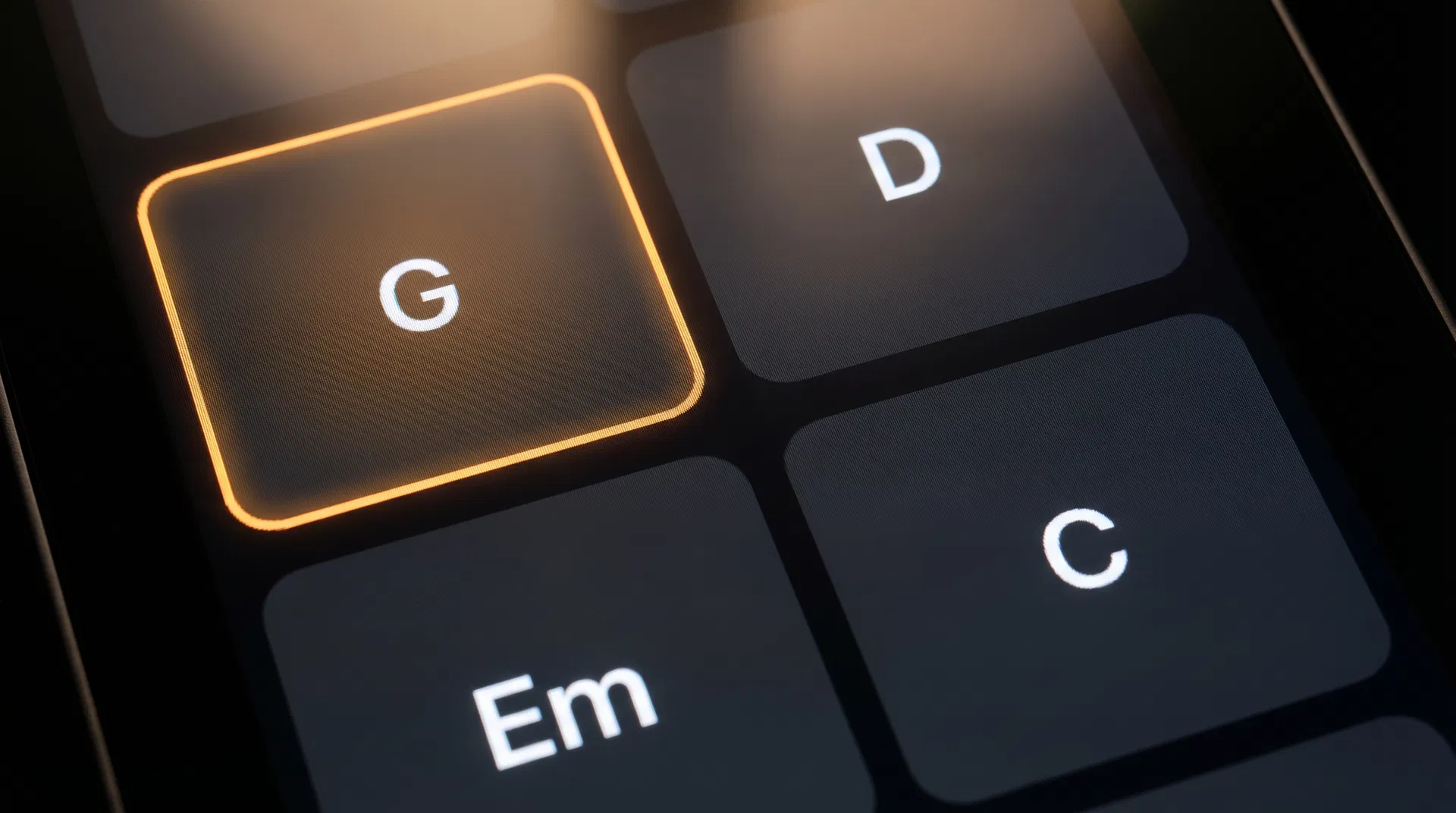 Close-up of AutoPad chord grid showing amber-glowing active chord with surrounding pads