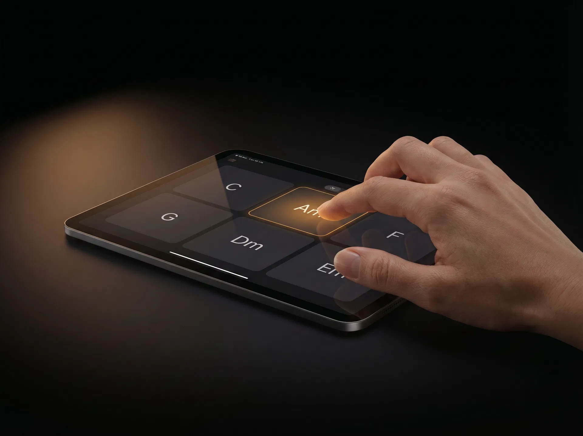 Finger gently tapping a chord pad on iPad — one-touch interaction