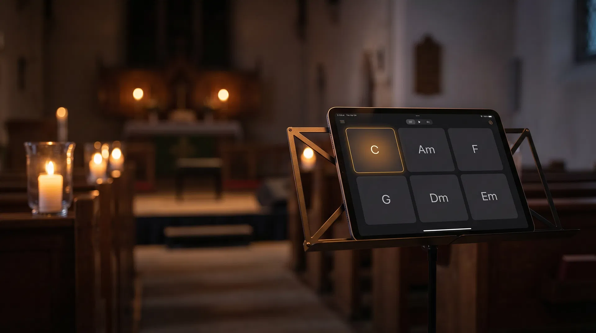 iPad with AutoPad on a music stand in an intimate worship setting with guitar and warm lights