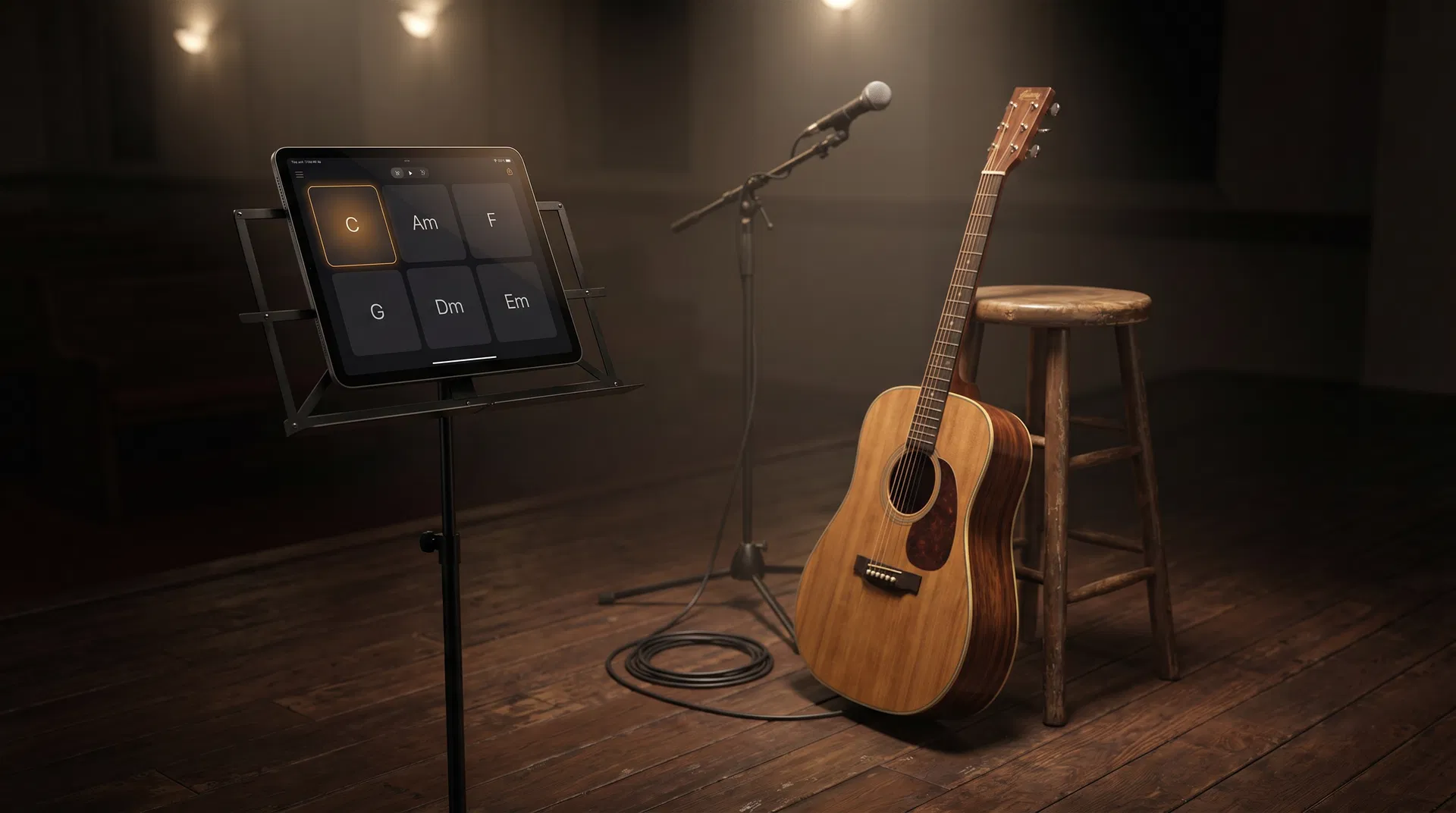 iPad with AutoPad on a wooden music stand next to an acoustic guitar in a warm intimate stage setting