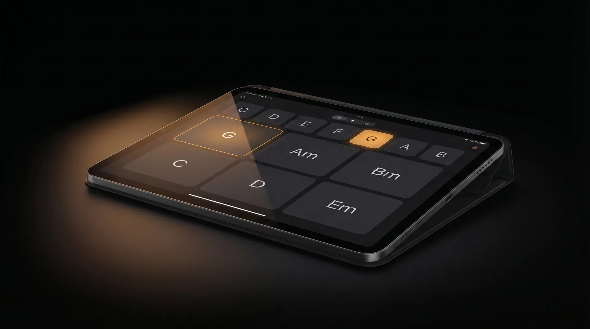 AutoPad UI showing key selection and chord grid with volume control
