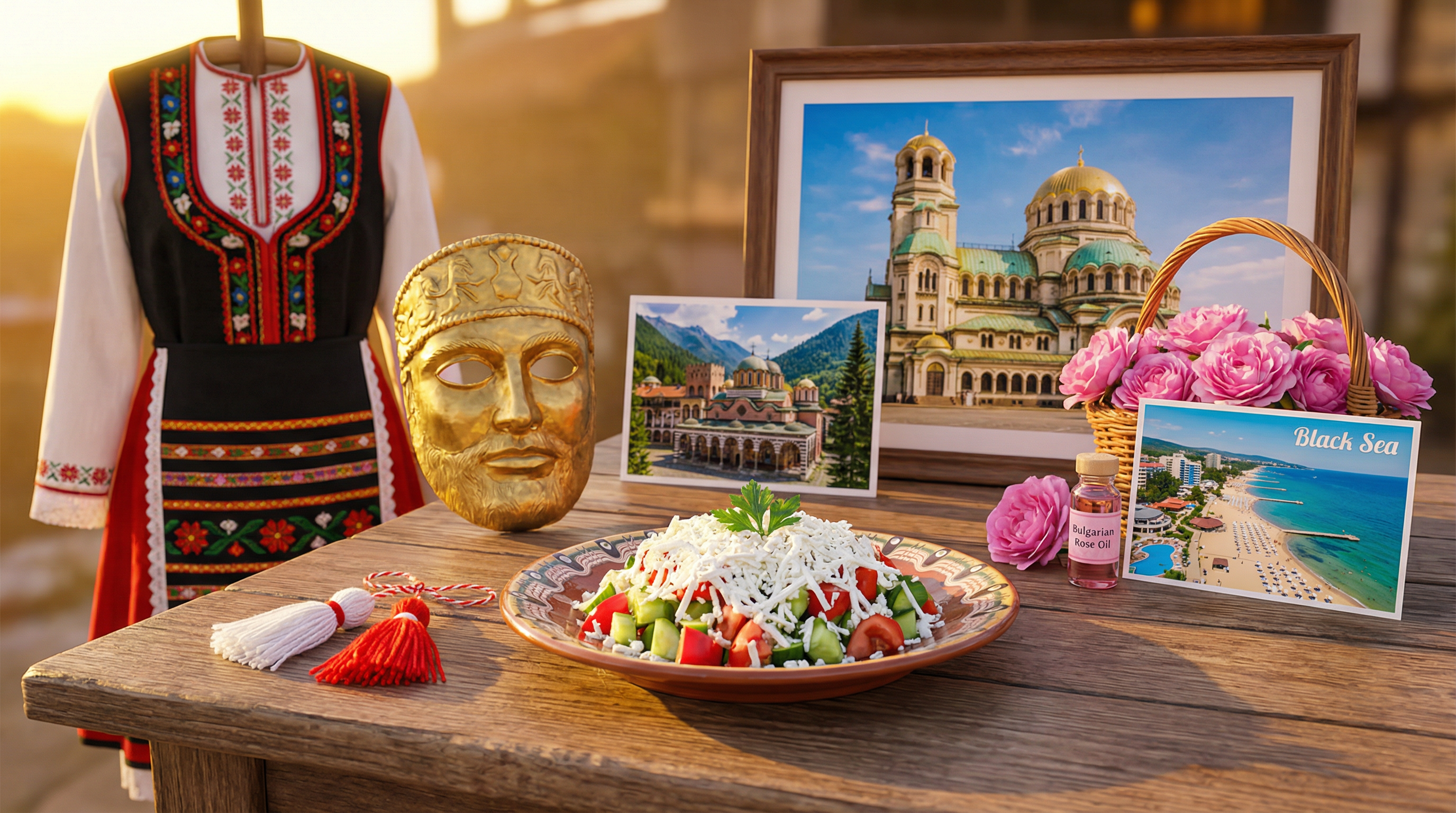 Cultural showcase of Bulgaria featuring landmarks, cuisine, and traditions