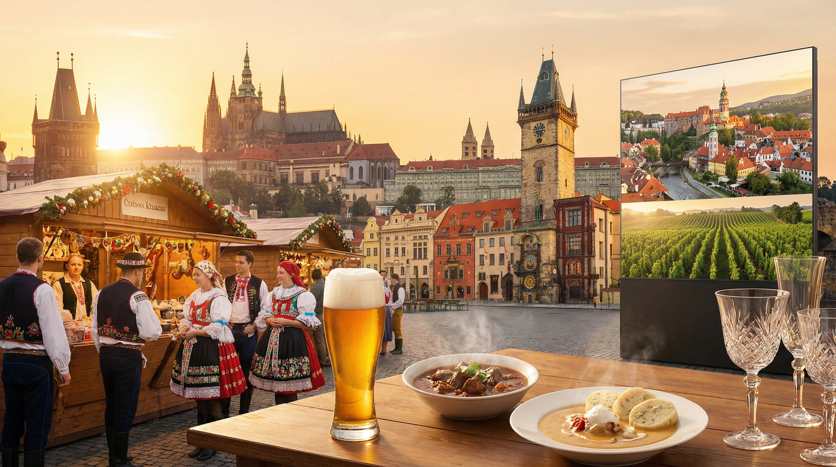 Cultural showcase of Czechia featuring landmarks, cuisine, and traditions