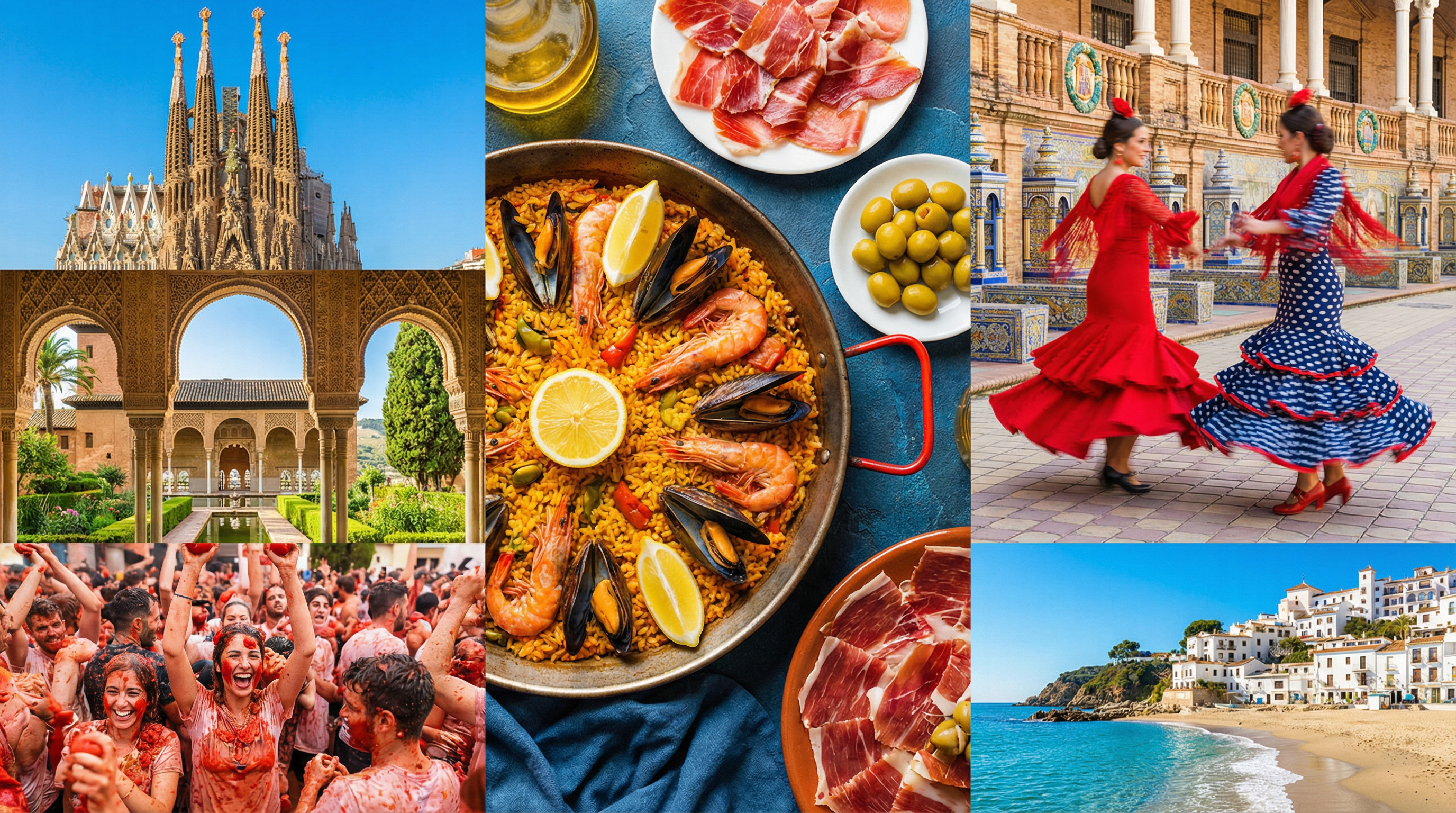 Cultural showcase of Spain featuring landmarks, cuisine, and traditions