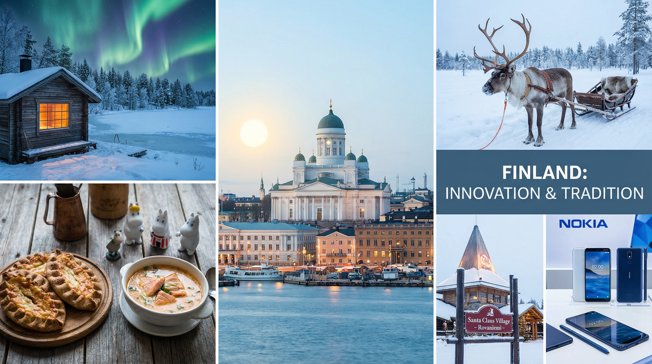 Cultural showcase of Finland featuring landmarks, cuisine, and traditions