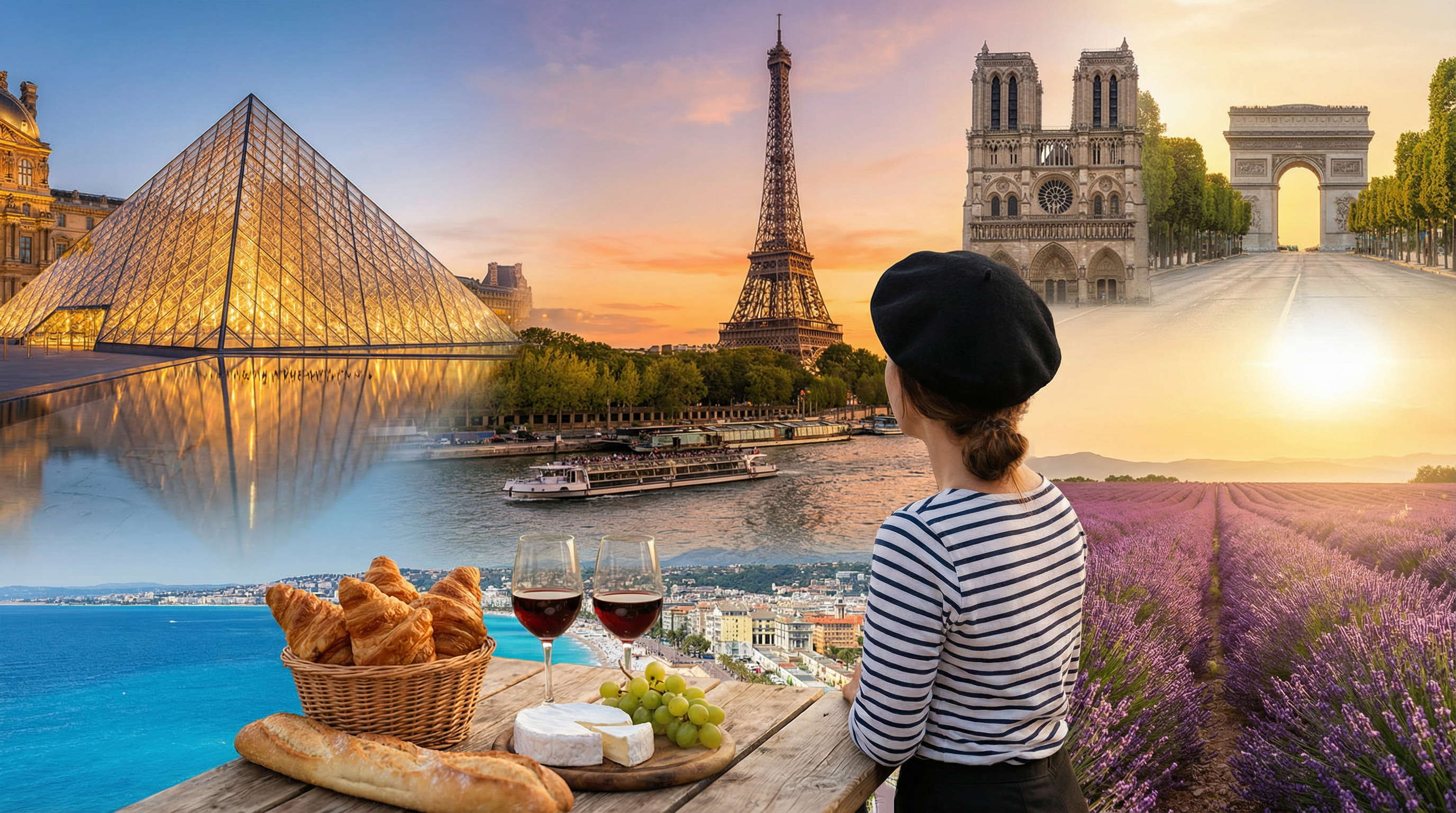 Cultural showcase of France featuring landmarks, cuisine, and traditions