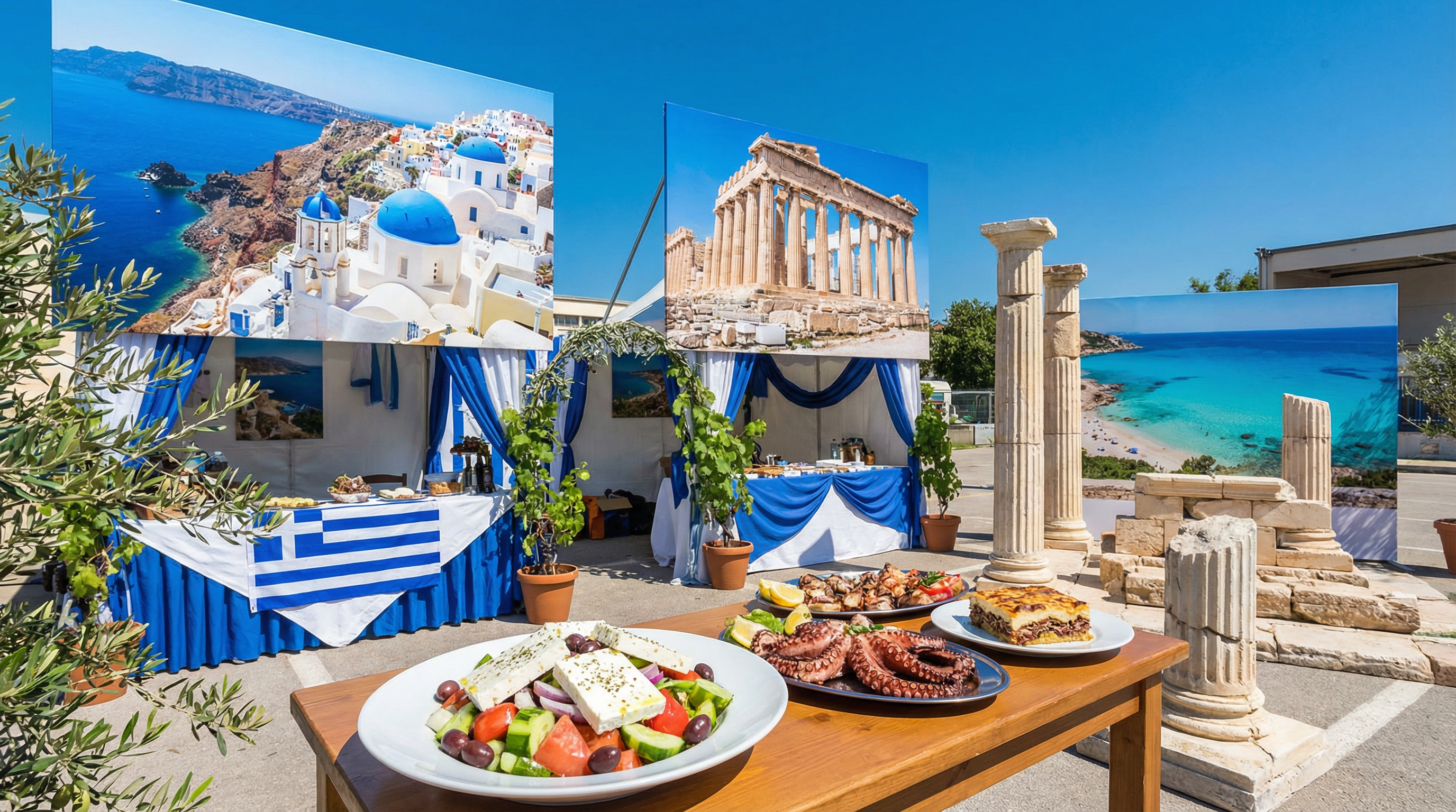 Cultural showcase of Greece featuring landmarks, cuisine, and traditions