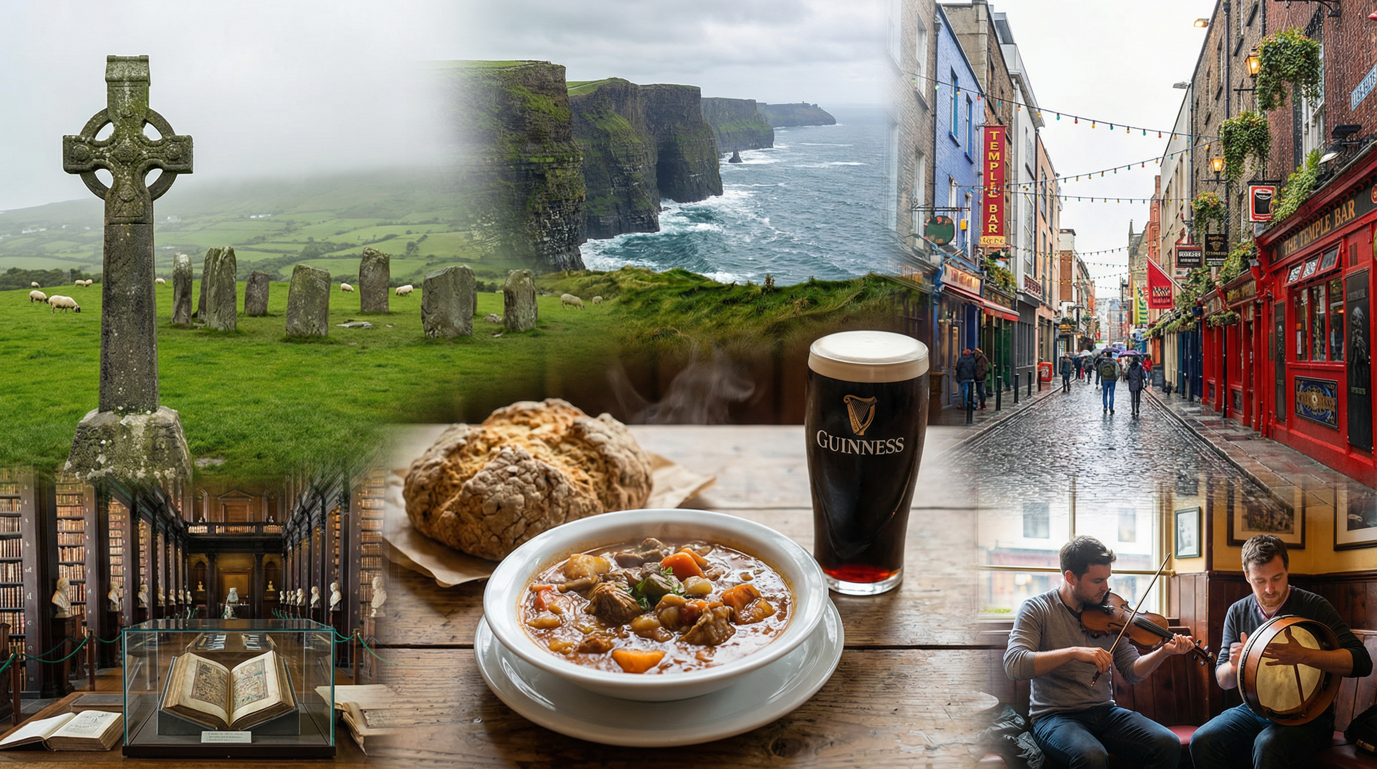 Cultural showcase of Ireland featuring landmarks, cuisine, and traditions