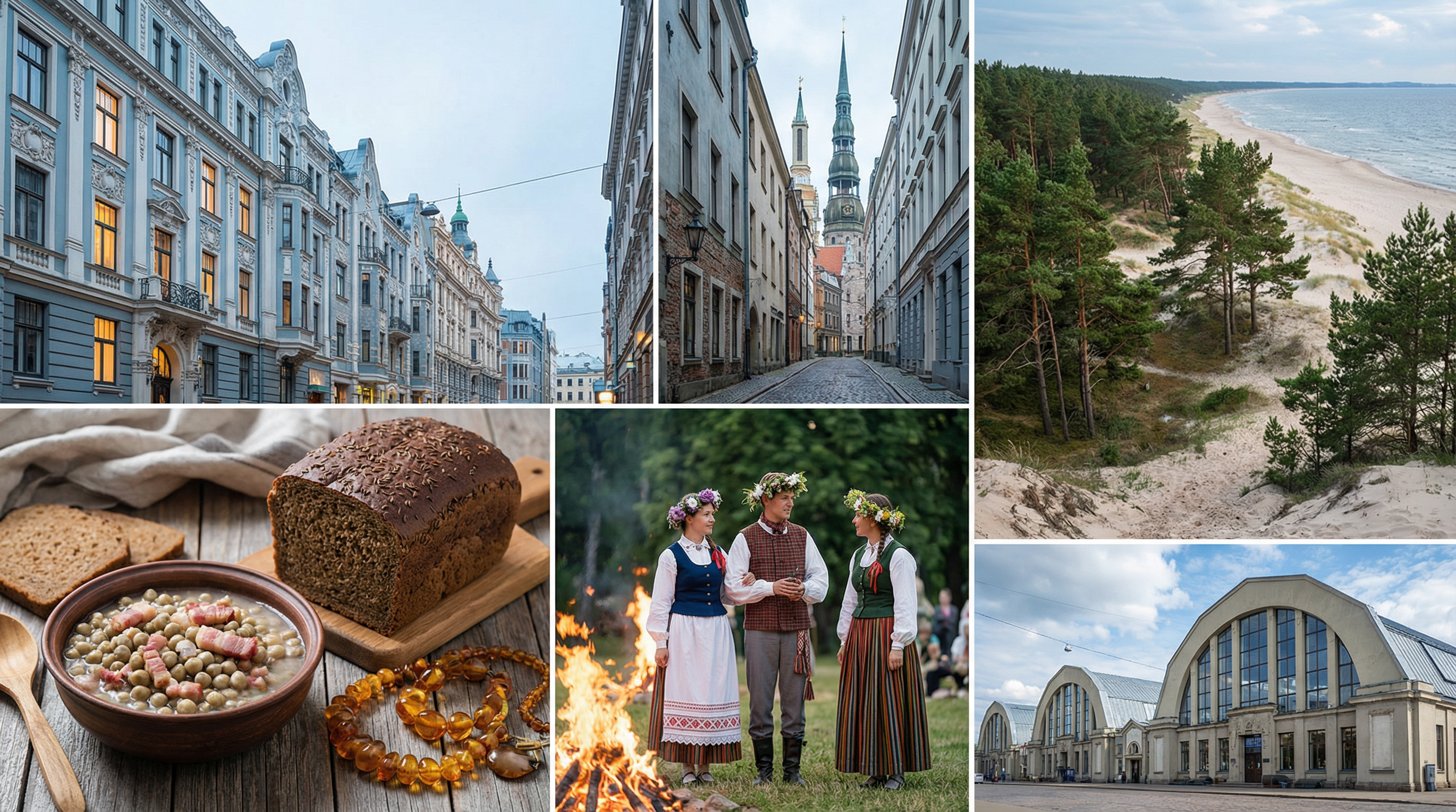 Cultural showcase of Latvia featuring landmarks, cuisine, and traditions