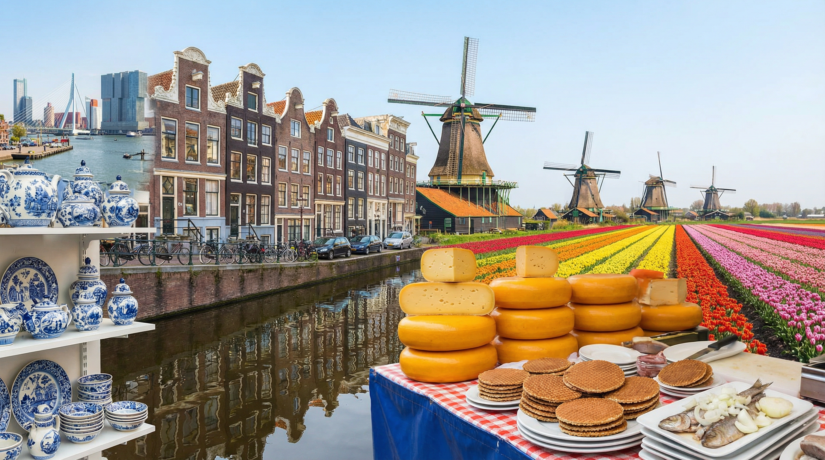 Cultural showcase of Netherlands featuring landmarks, cuisine, and traditions