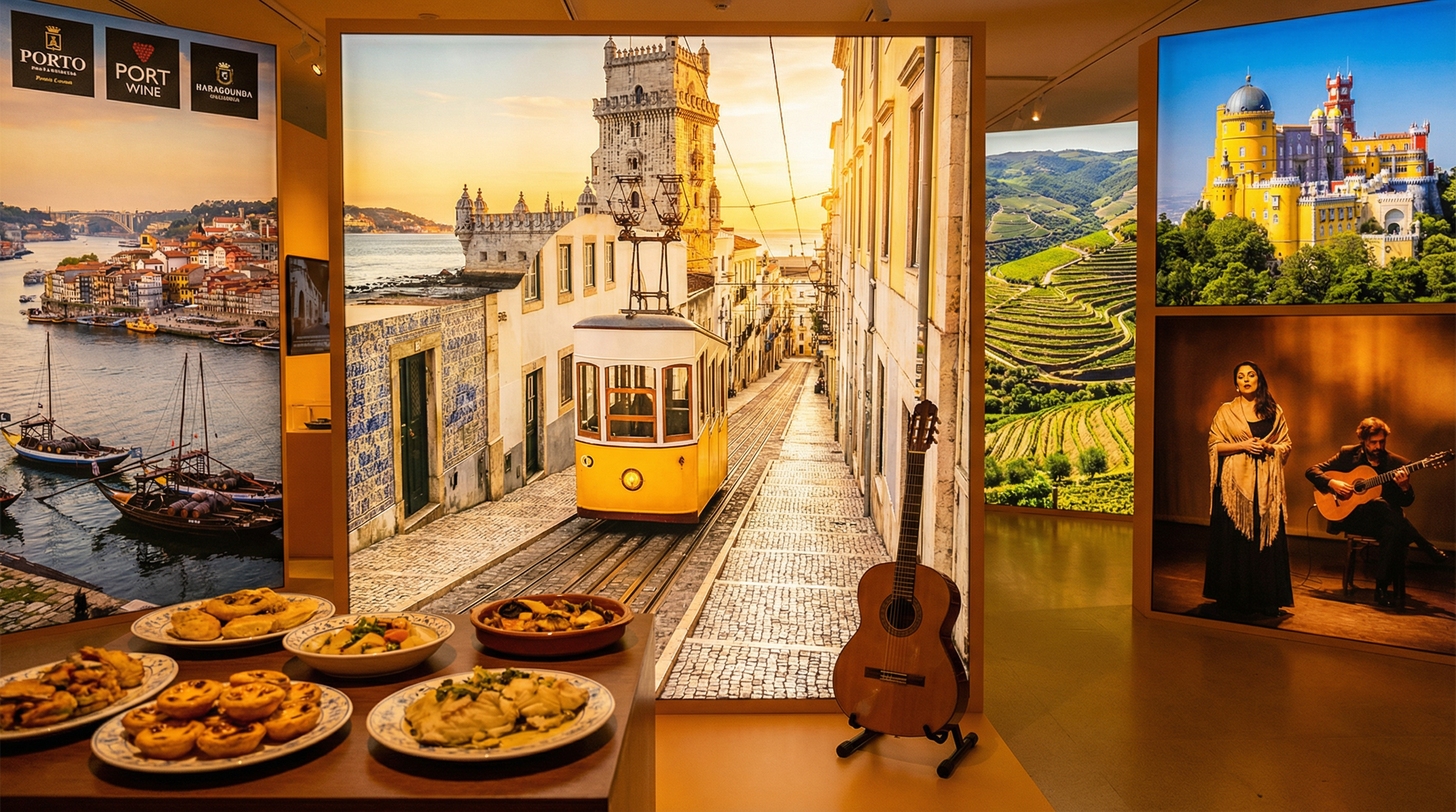 Cultural showcase of Portugal featuring landmarks, cuisine, and traditions