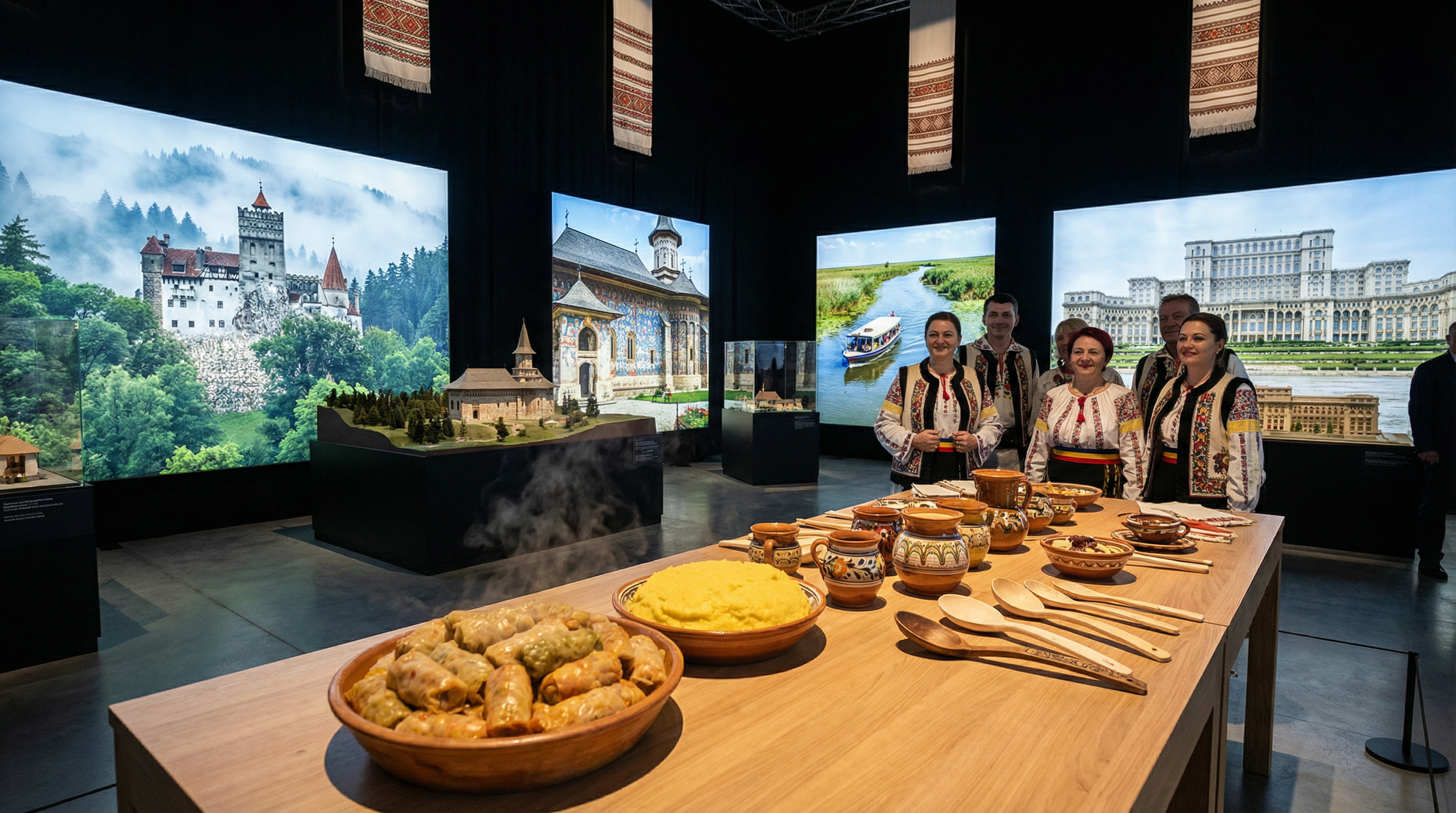 Cultural showcase of Romania featuring landmarks, cuisine, and traditions