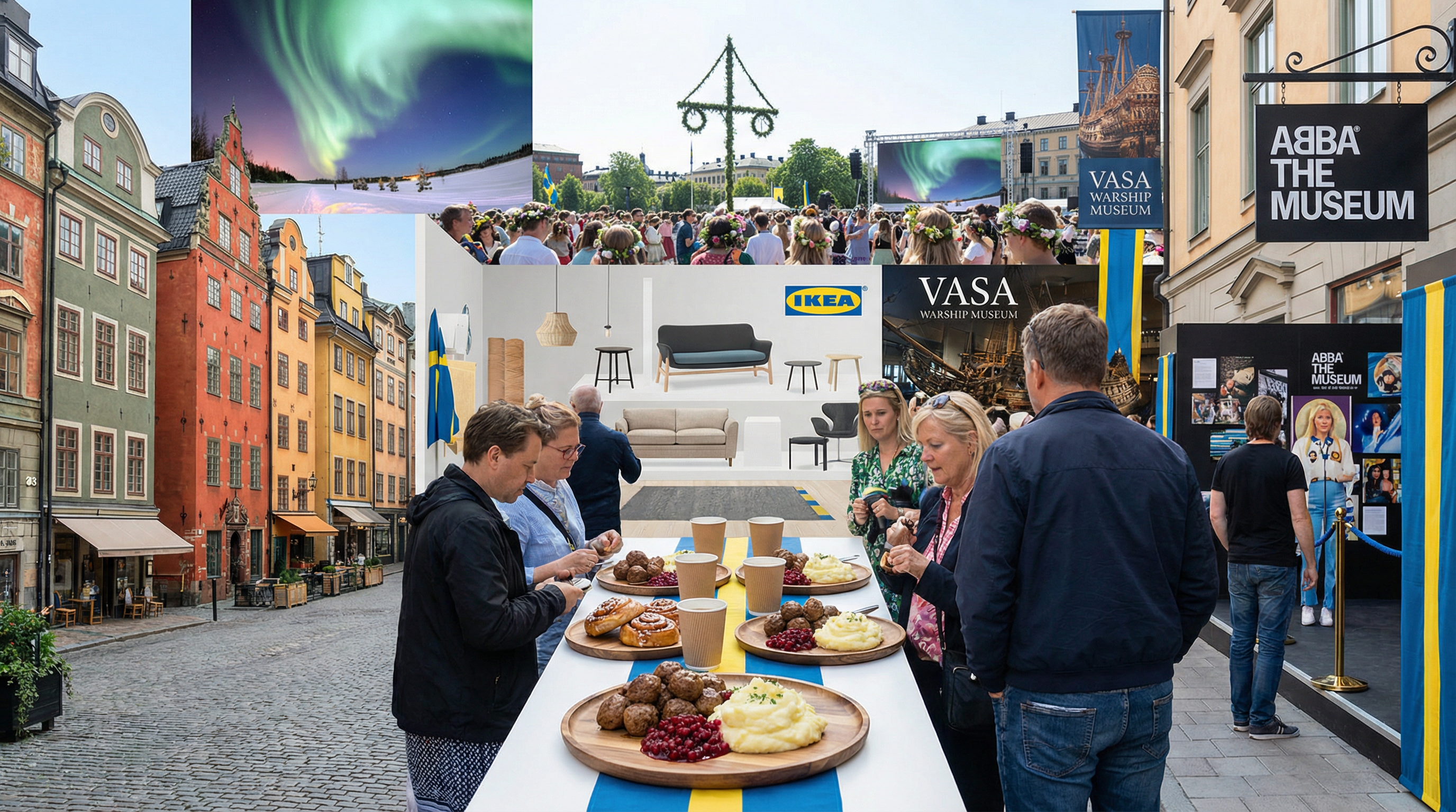Cultural showcase of Sweden featuring landmarks, cuisine, and traditions