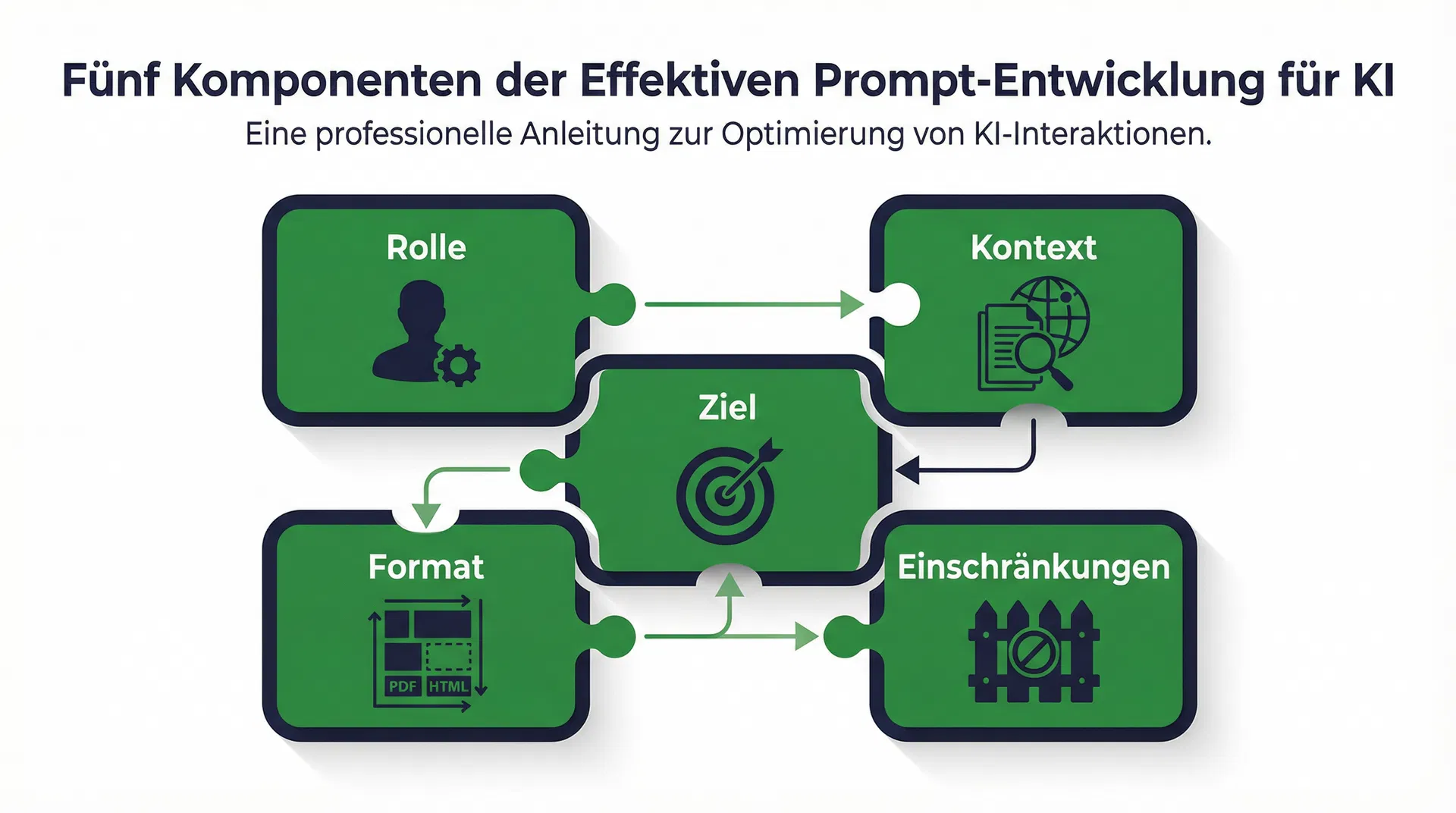 5 Komponenten: Rolle, Kontext, Ziel, Format, Einschränkungen