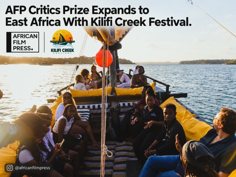 AFP Critics Prize and Kilifi Creek Festival graphic, with festival participants aboard a boat in Kilifi.