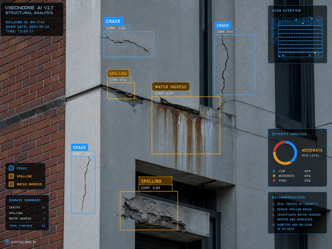 AI defect detection overlay on building facade
