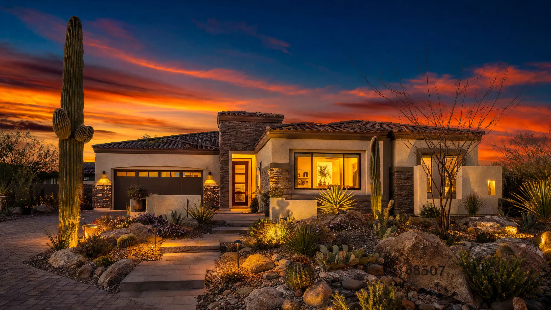 Desert home at sunset