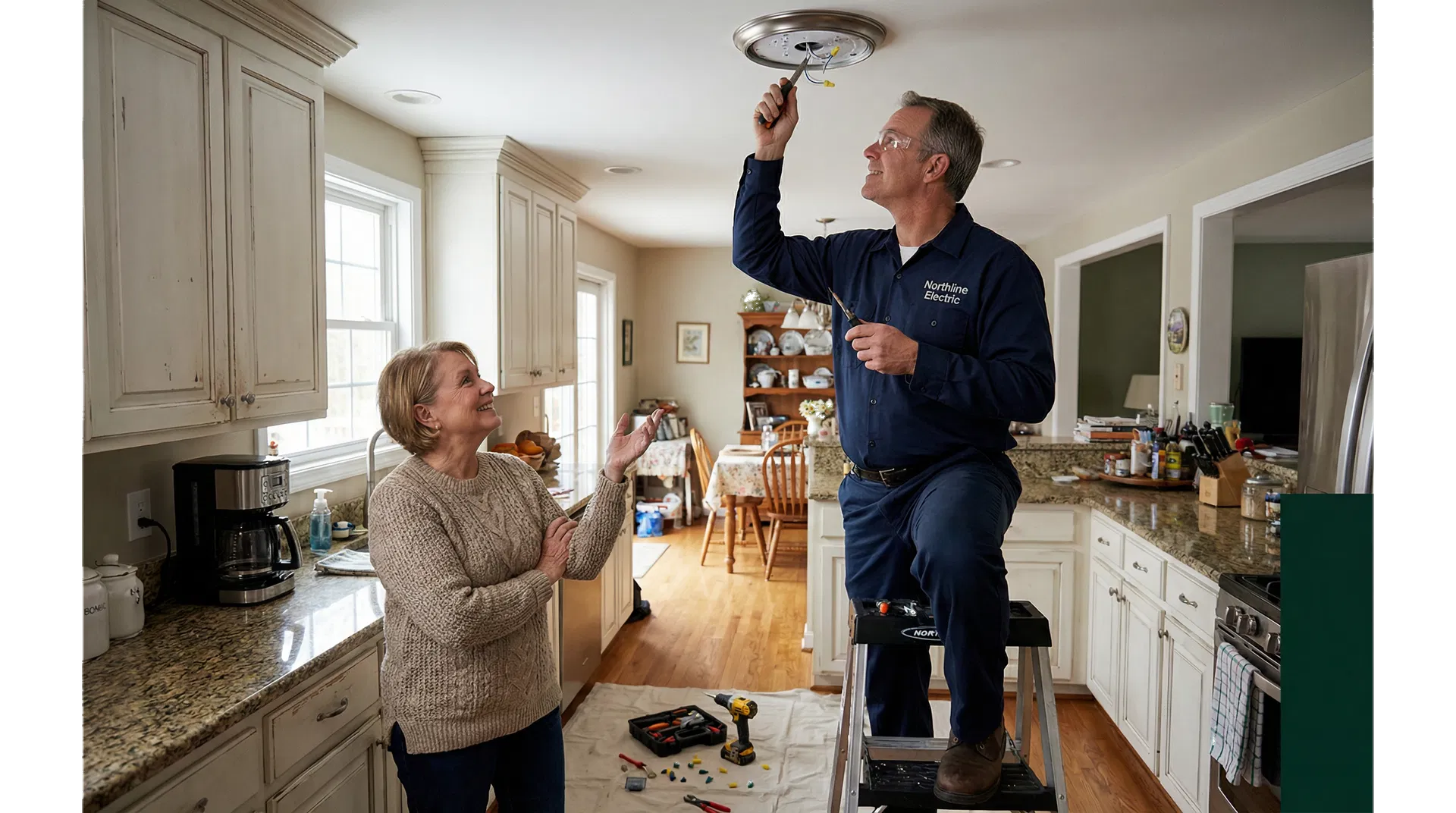 Electrician performing residential fixture installation work