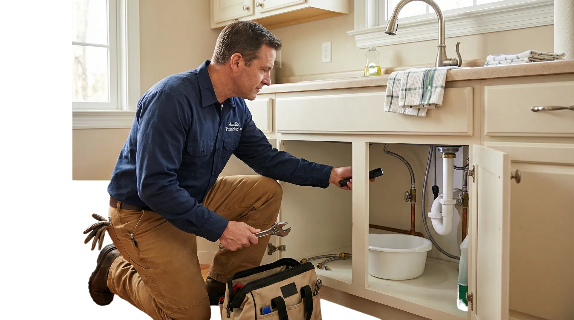 A professional plumber inspecting plumbing beneath a kitchen sink in a residential home