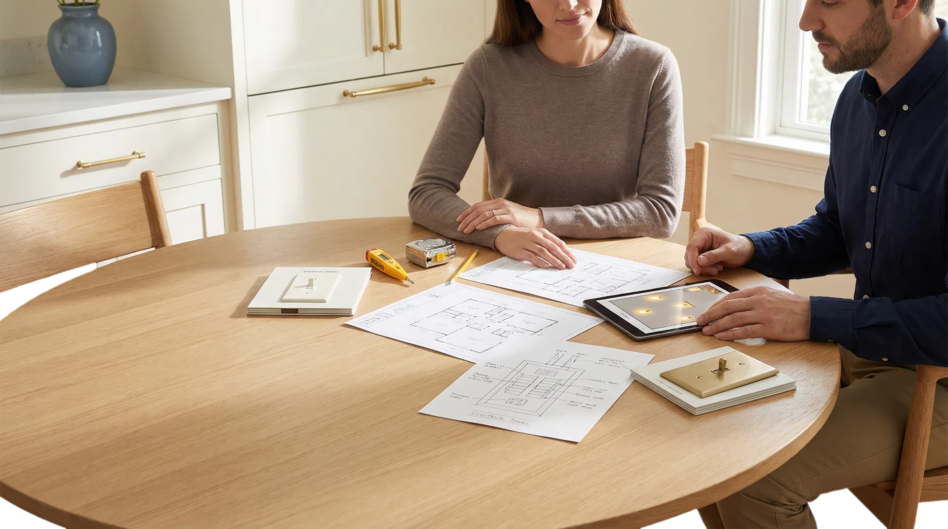 Homeowner and electrician reviewing electrical plans at a kitchen table