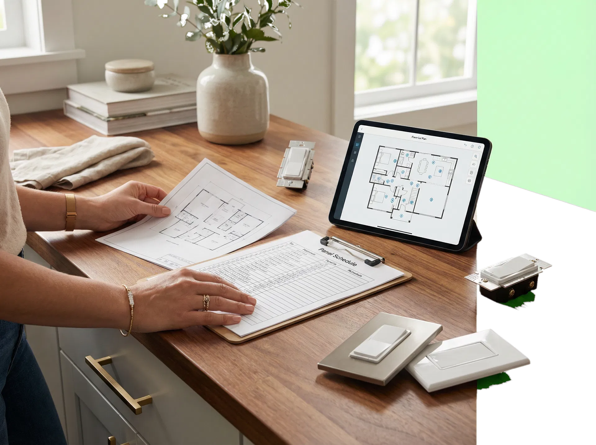 Residential electrical planning materials arranged neatly before a consultation