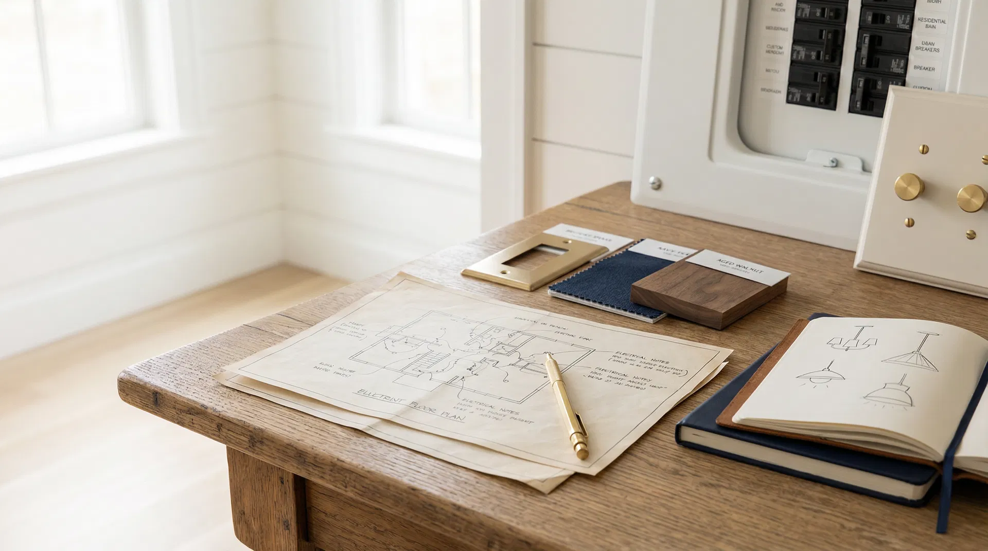 Residential electrical planning materials arranged beside a labeled electrical panel and finish samples