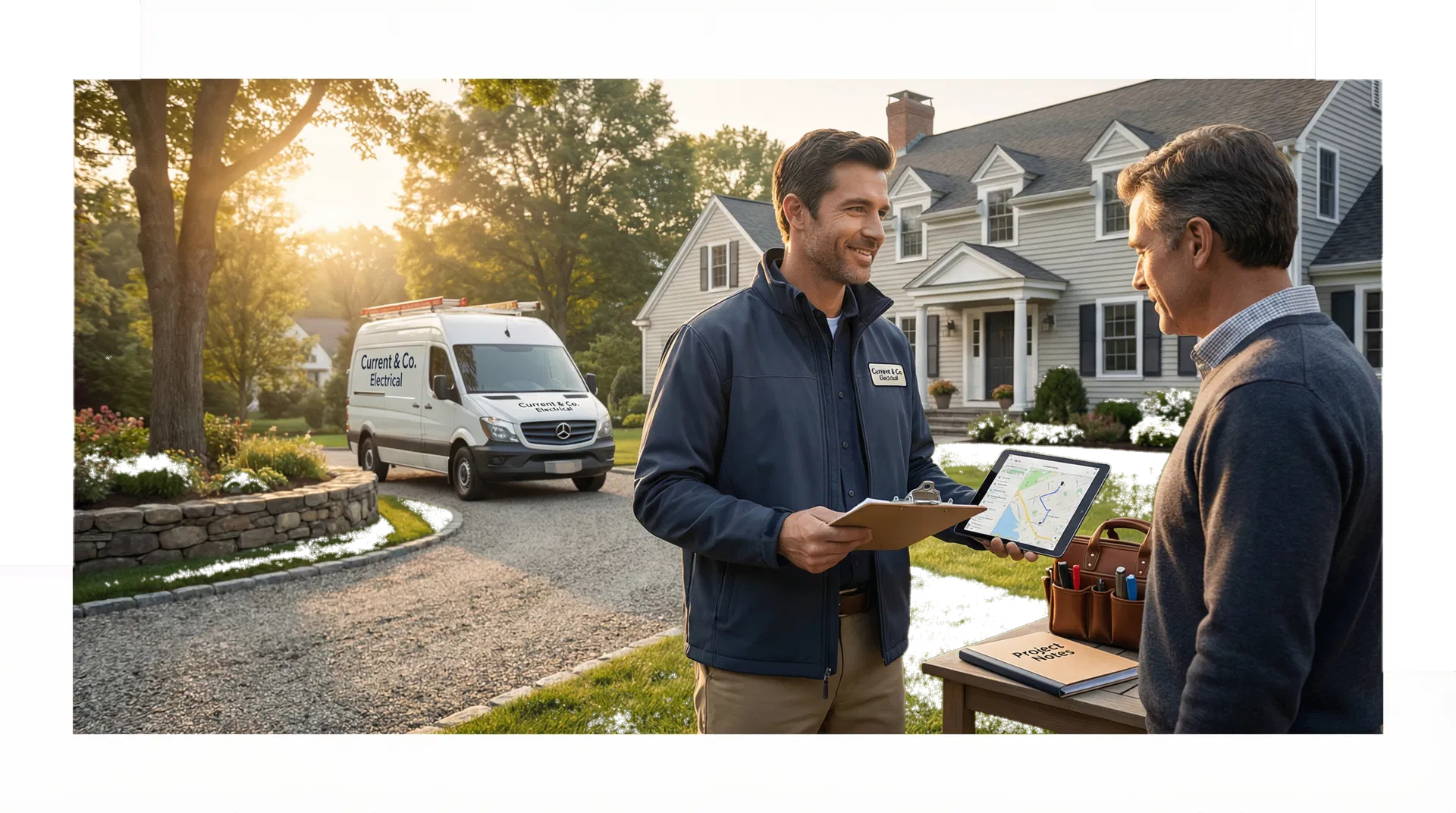 Electrician meeting a homeowner outside a suburban home to review project planning