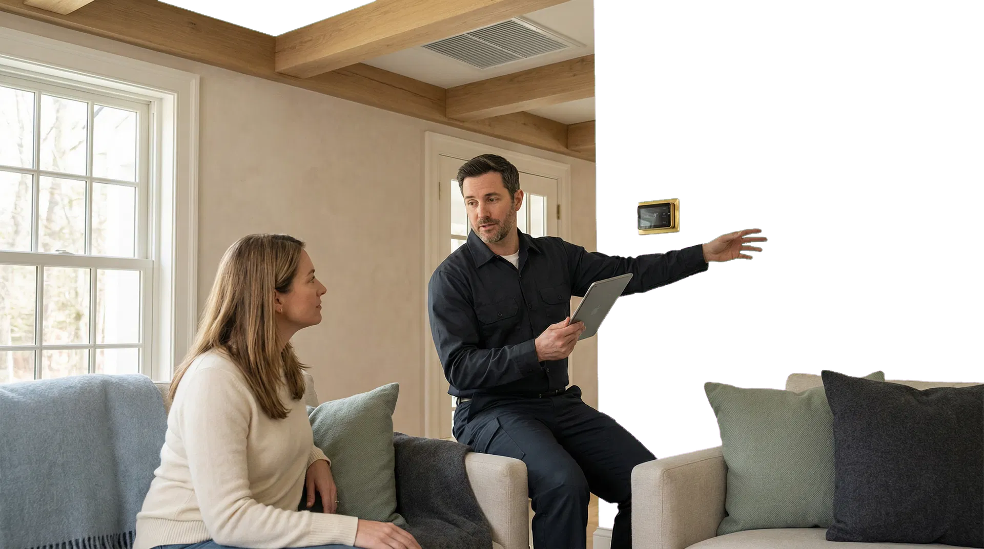 HVAC specialist reviewing a comfort issue with a homeowner in a refined living space