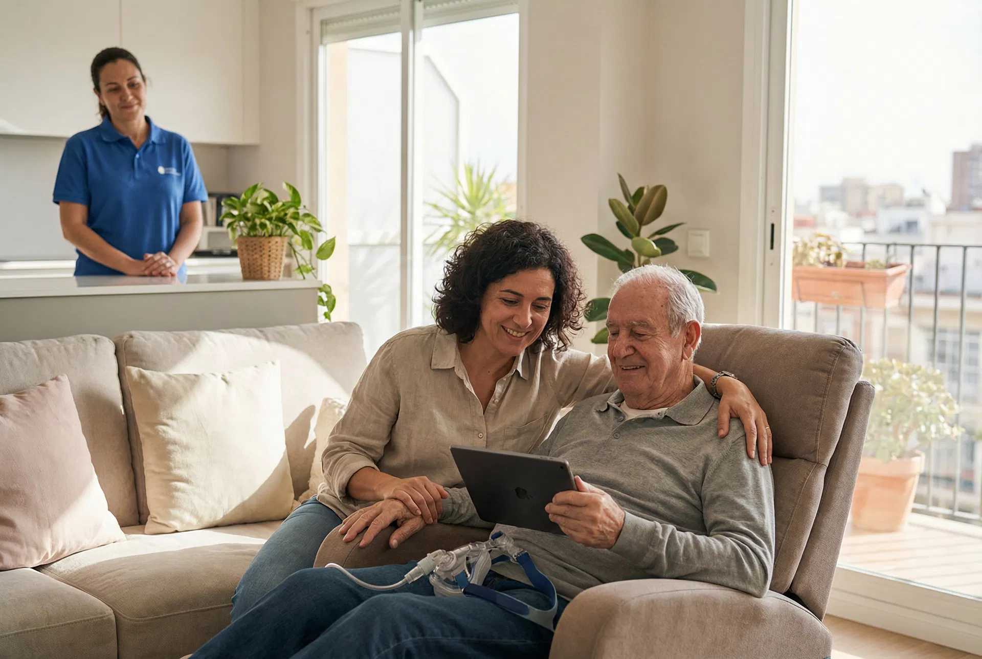 Familia con paciente ELA y cuidadora en Valencia
