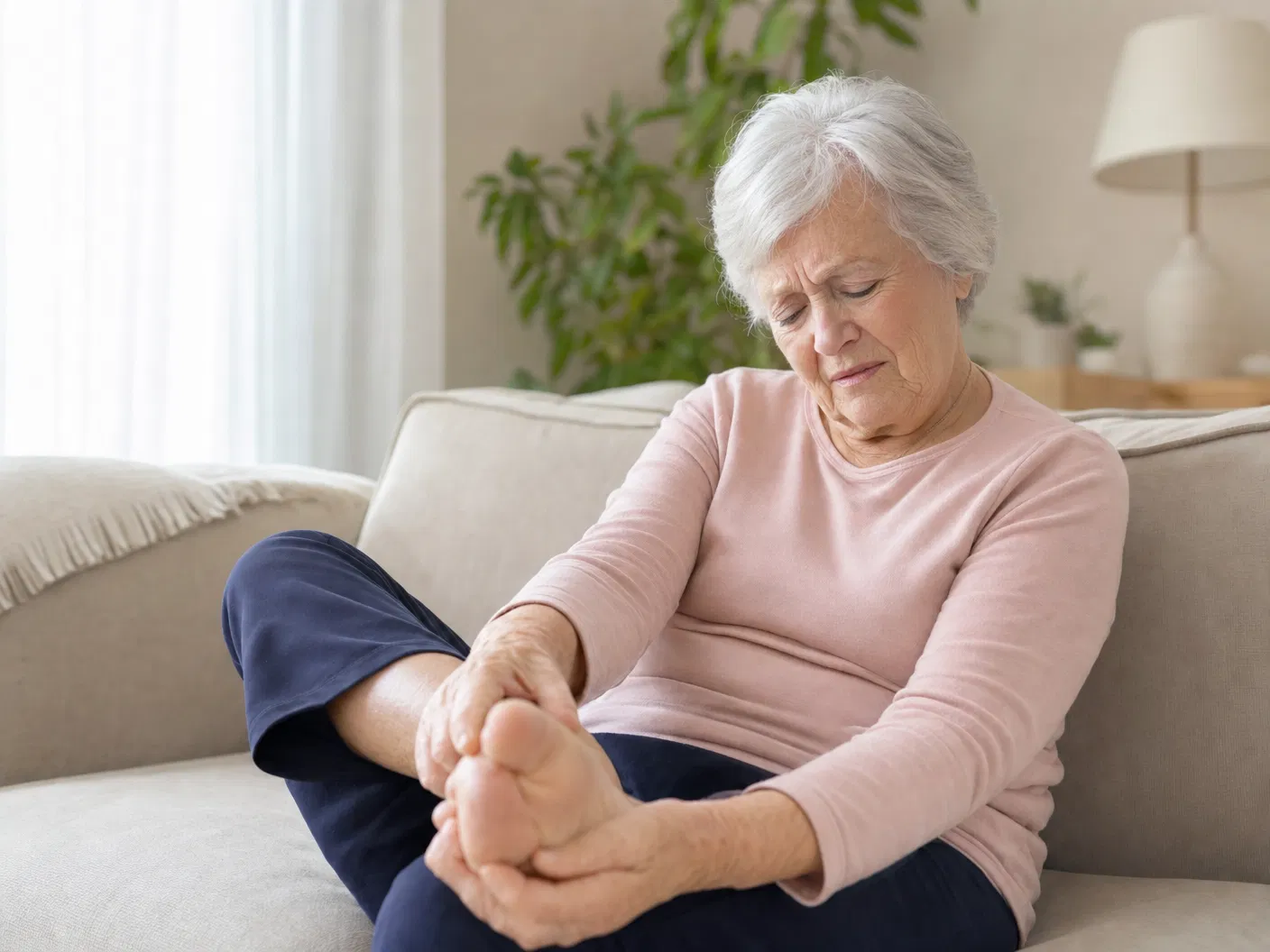 Elderly woman with neuropathy foot pain