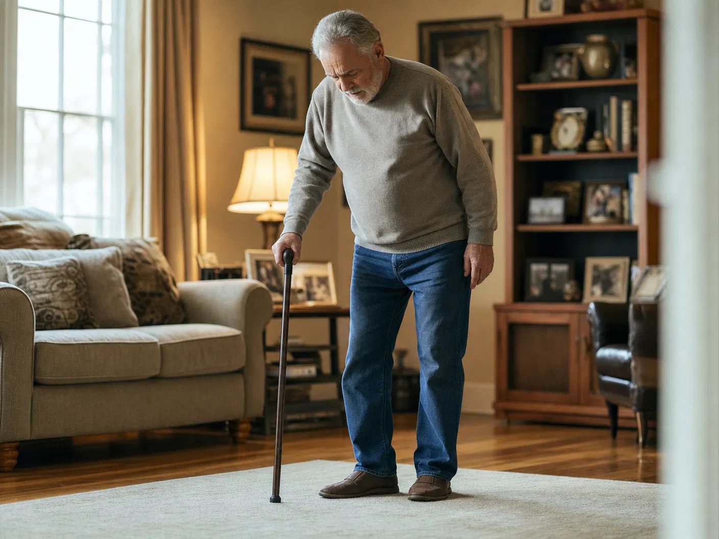 Elderly man struggling to walk with cane