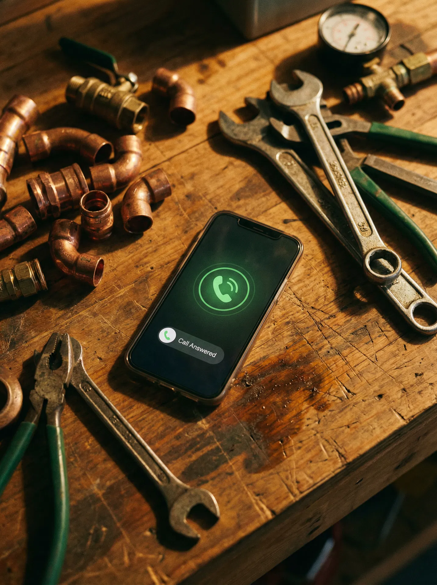 Phone on workbench showing a call answered