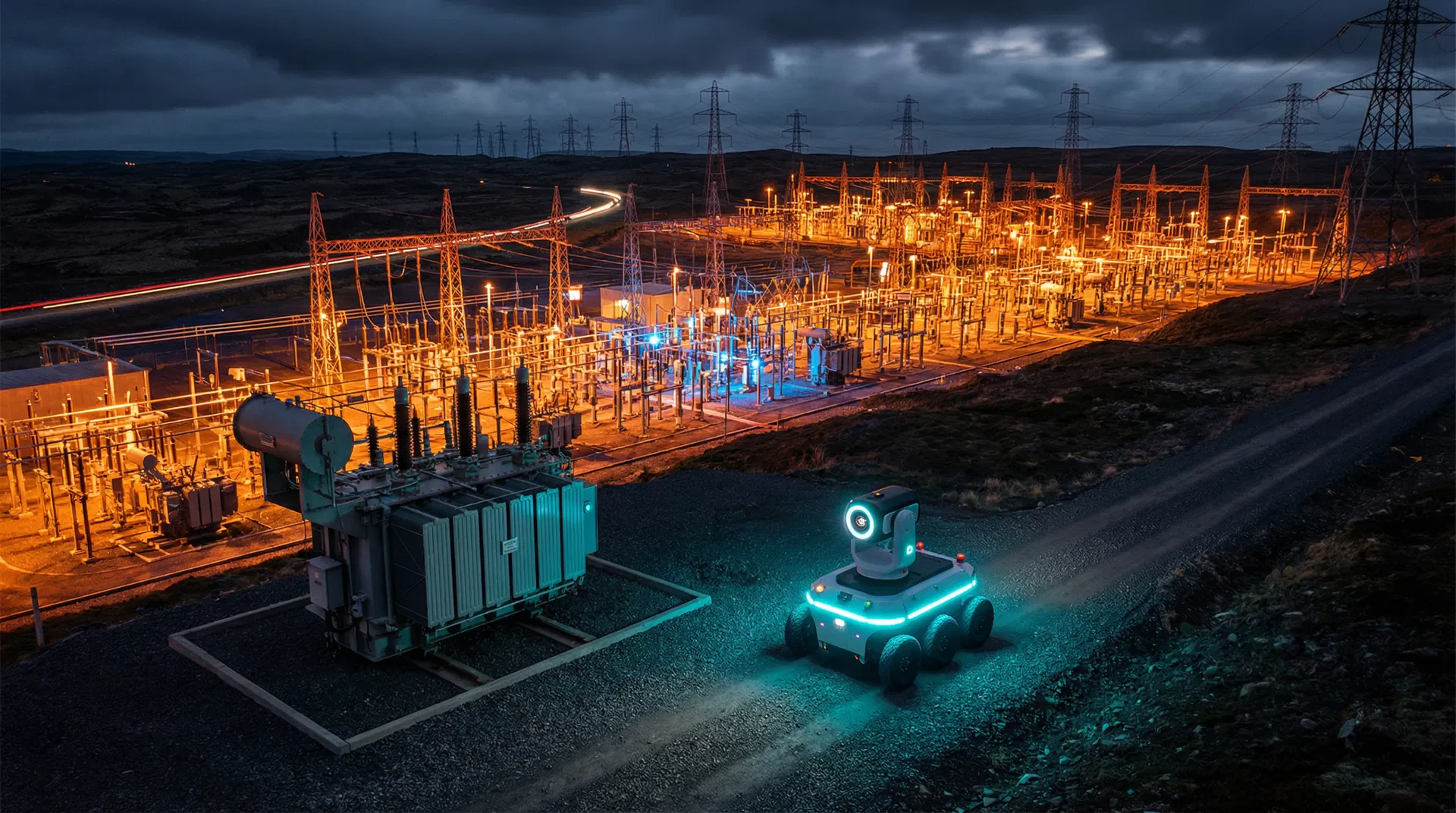 BIT autonomous inspection robot patrolling a high-voltage electrical substation at night with power pylons in the background