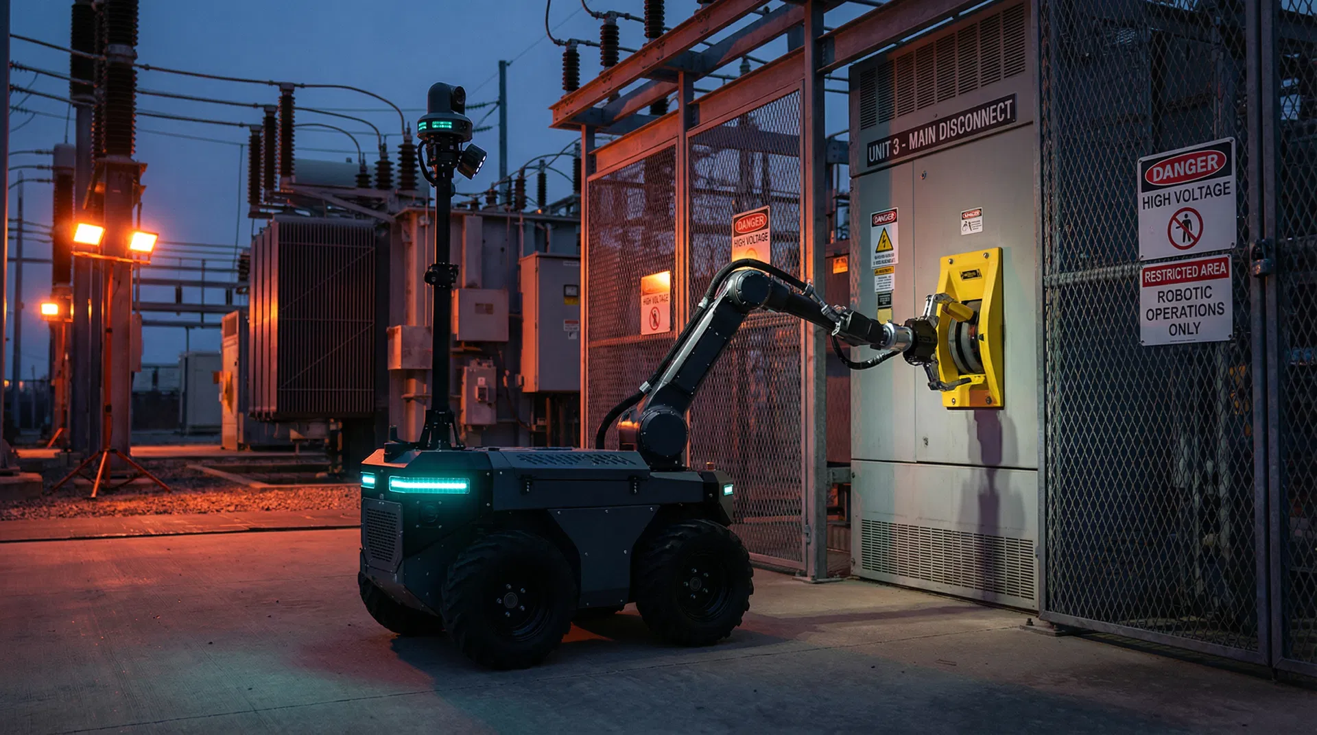 BIT autonomous wheeled robot with robotic arm operating a main circuit breaker at a high-voltage electrical substation — ROBOTIC OPERATIONS ONLY zone