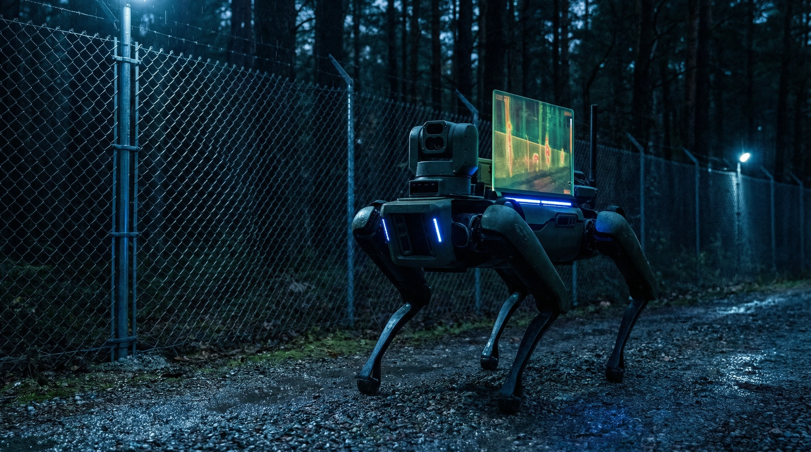 BIT autonomous quadruped robot conducting perimeter patrol with thermal imaging at a military installation