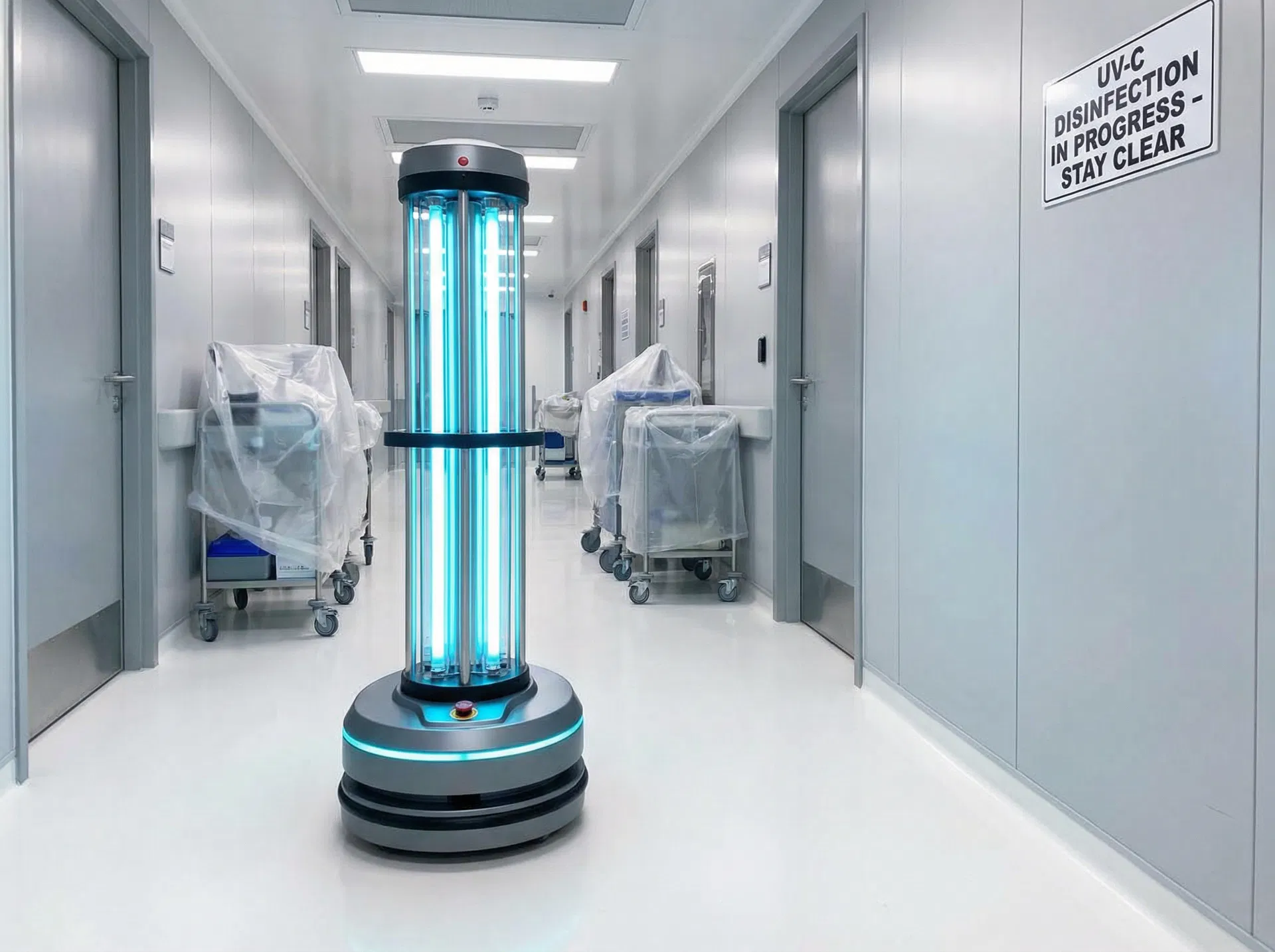 BIT autonomous UV-C disinfection robot sterilising a hospital corridor between patient rounds