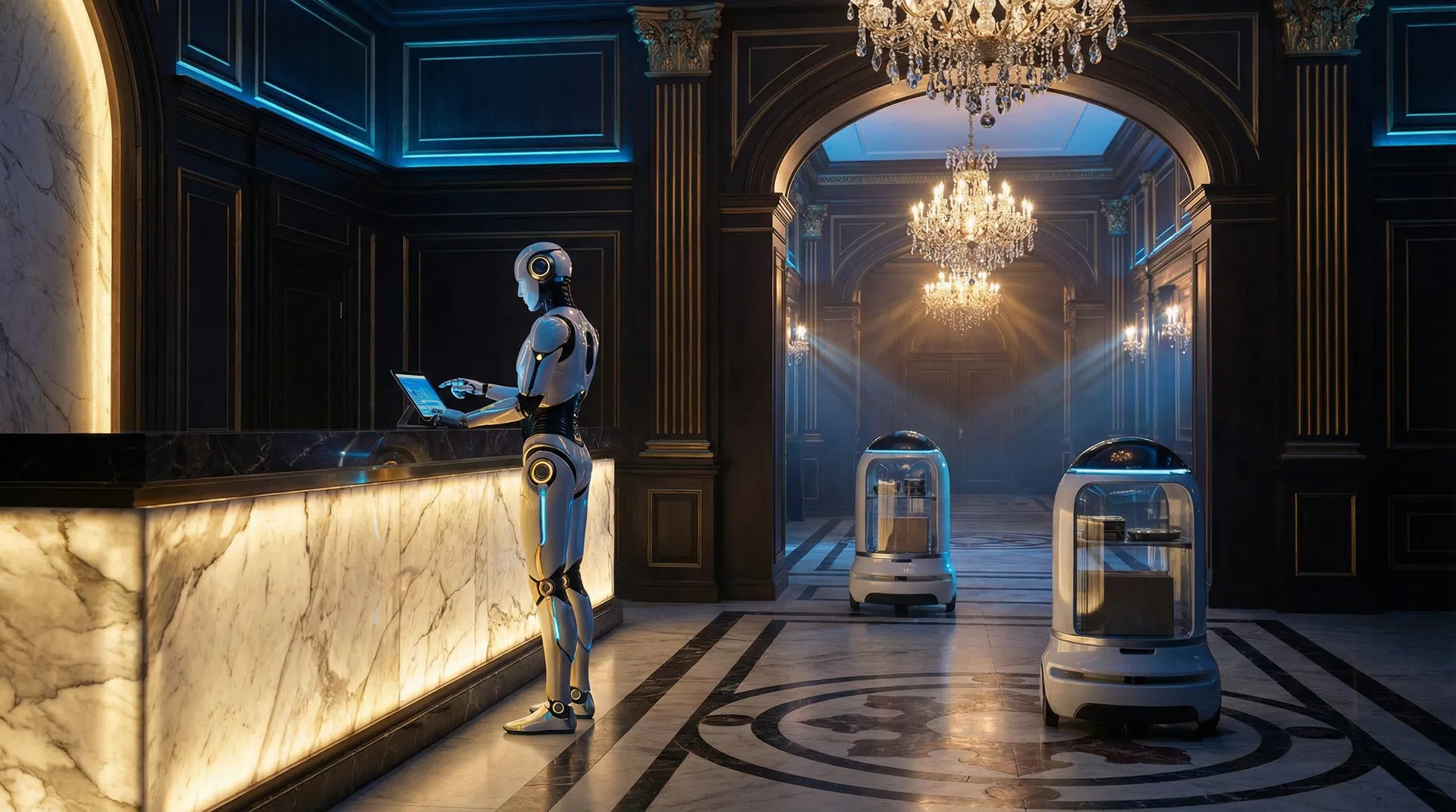 BIT autonomous service robot delivering amenities in a luxury 5-star hotel lobby