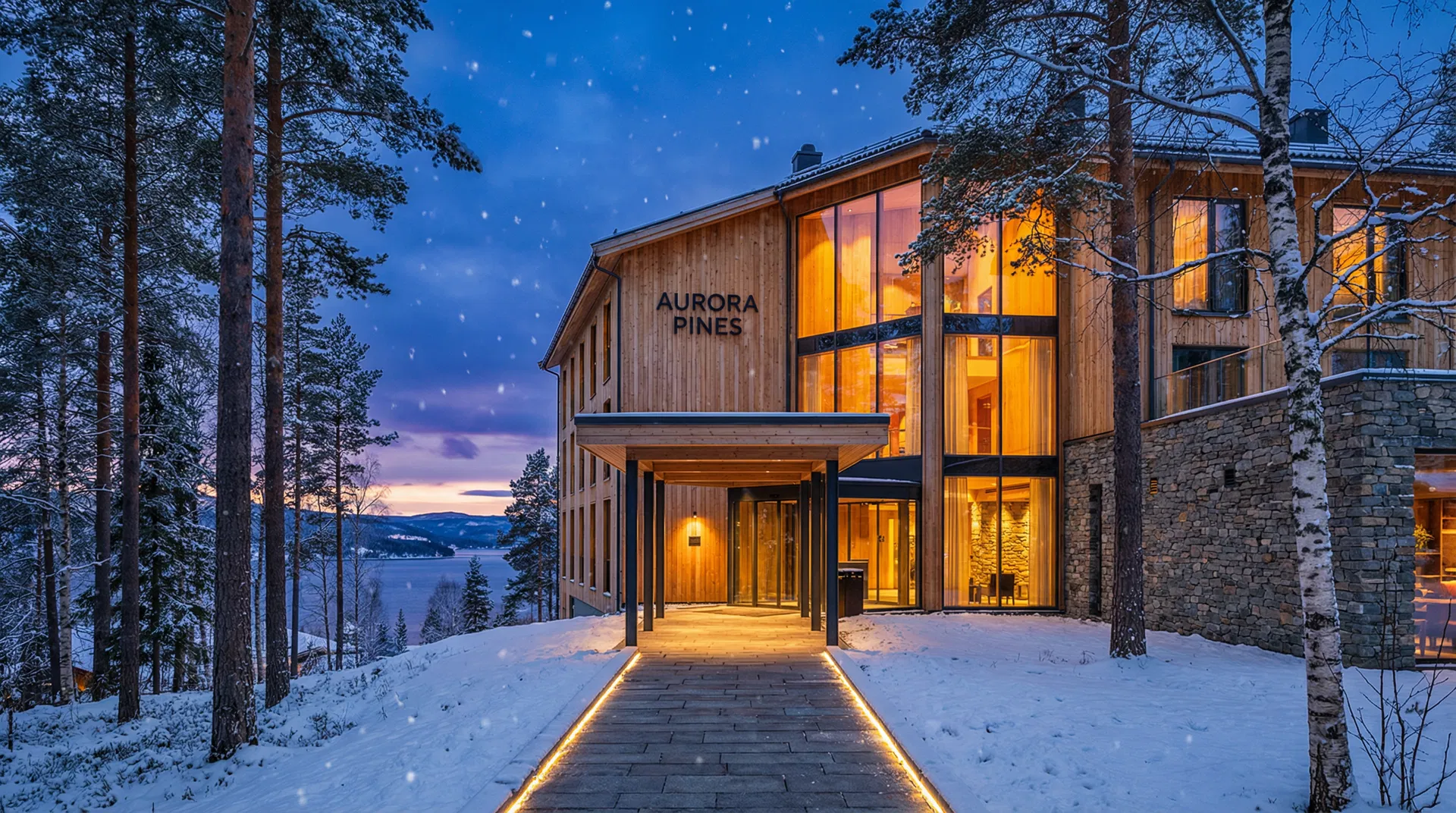 Luxury Scandinavian 5-star hotel exterior at dusk with Nordic wood and stone architecture